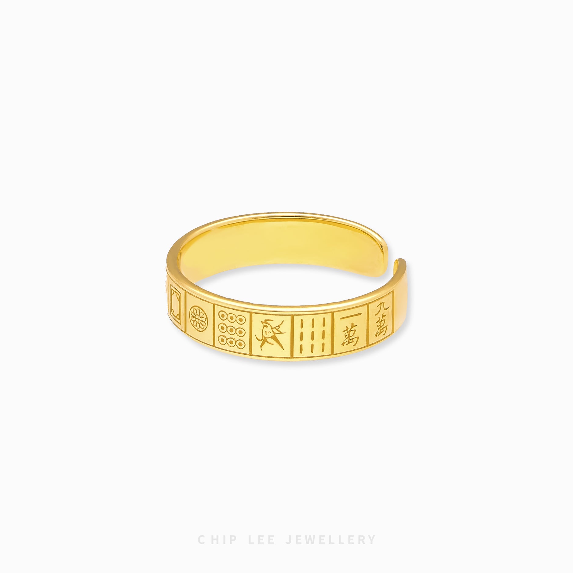 13 Wonders Mahjong Ring with iconic Mahjong tile designs in solid gold, merging traditional symbolism and modern style for a meaningful accessory.