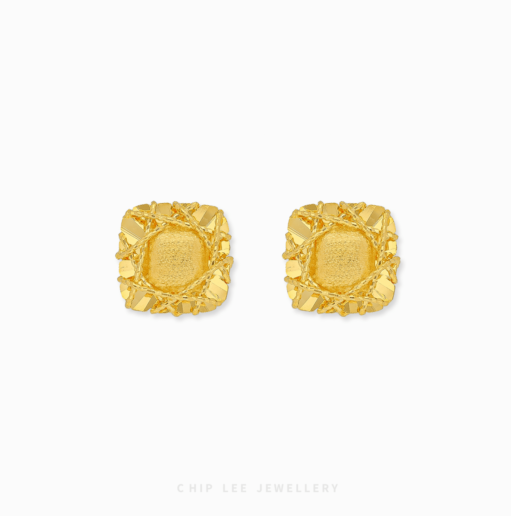 999 | 24K Gold Kare Studs by Chip Lee Jewellery, square design with intricate finish