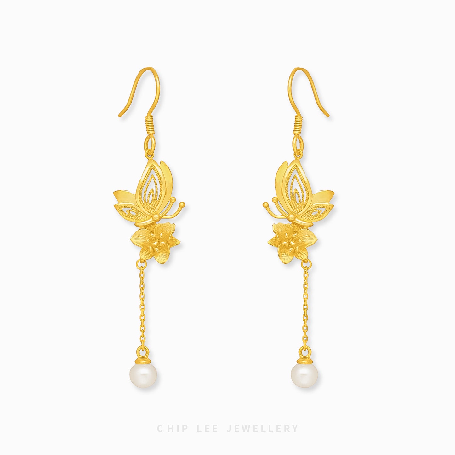999 Pure Gold Floral Butterfly Pearl Earrings with delicate floral and butterfly designs, accented by pearls, crafted in solid gold for timeless elegance.