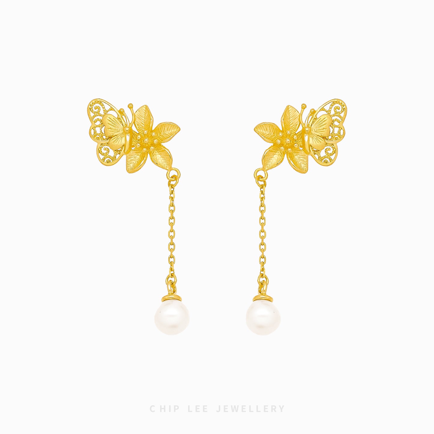 999 Pure Gold Butterfly Pearl Earrings with floral motifs and a pearl accent, crafted in solid gold for timeless elegance and feminine charm.