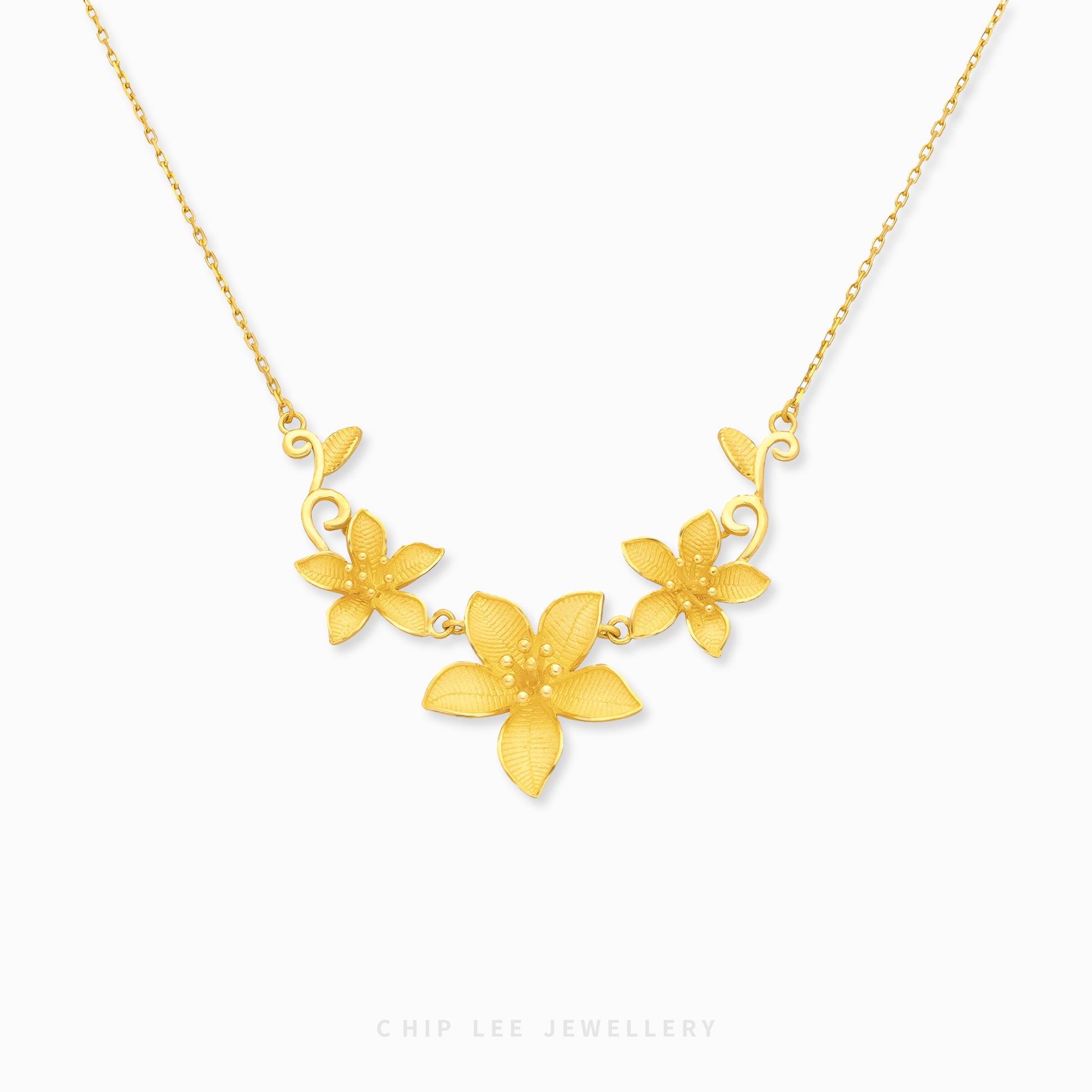 999 24K Gold Flora Necklace with intricate floral detailing in solid gold, offering timeless elegance and refined charm for everyday or special occasions.