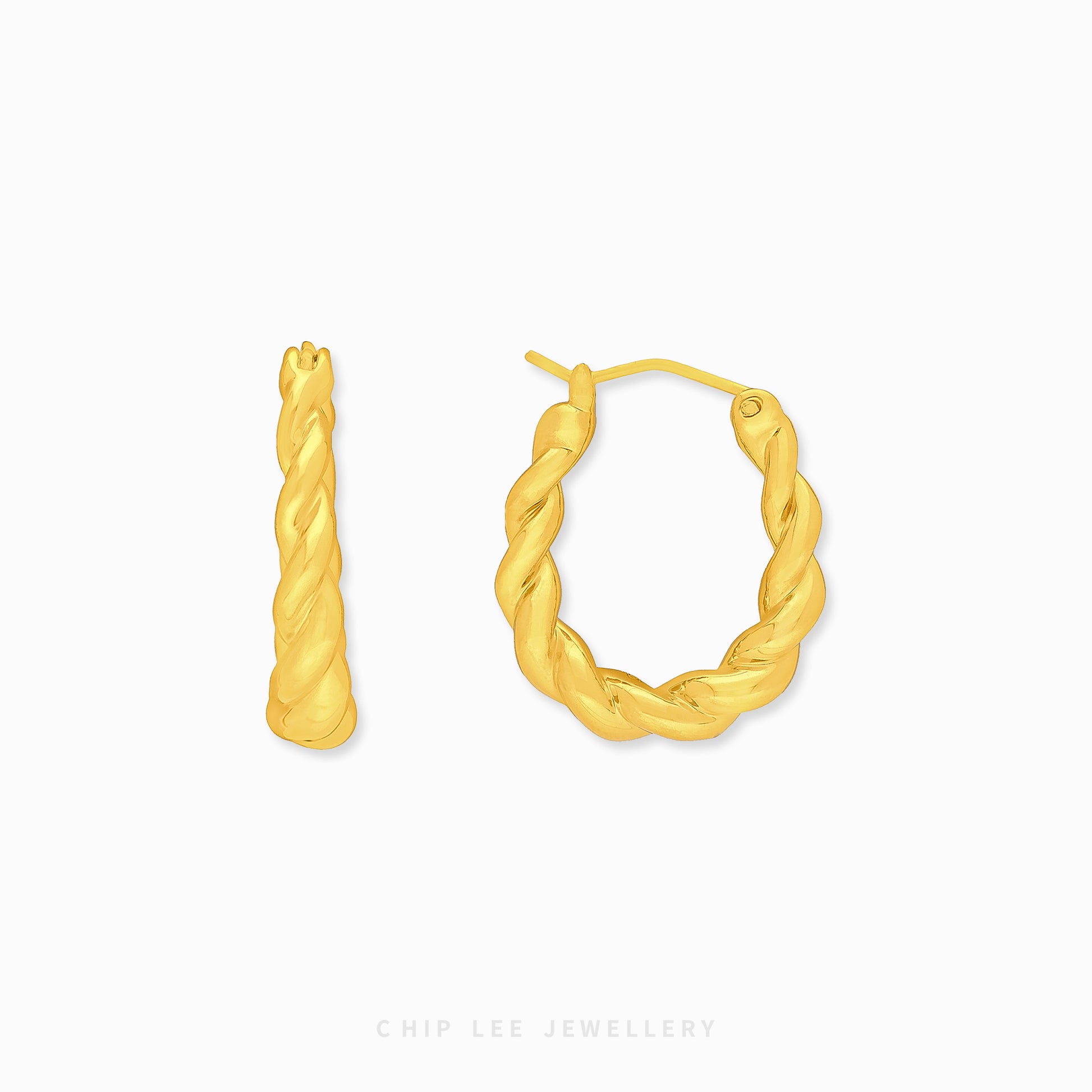 999 Gold Classic Twist Hoop Earring with elegant spiral twist in pure 24K gold by Chip Lee Jewellery Singapore