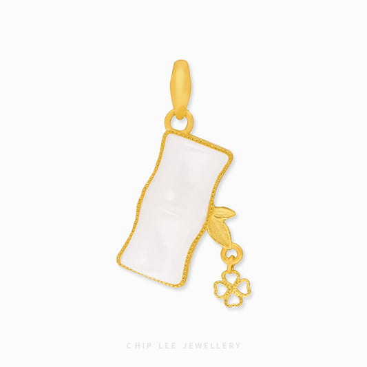 999 pure gold bamboo pendant with He Tian jade, symbolizing resilience and prosperity in a finely crafted traditional jewellery design.