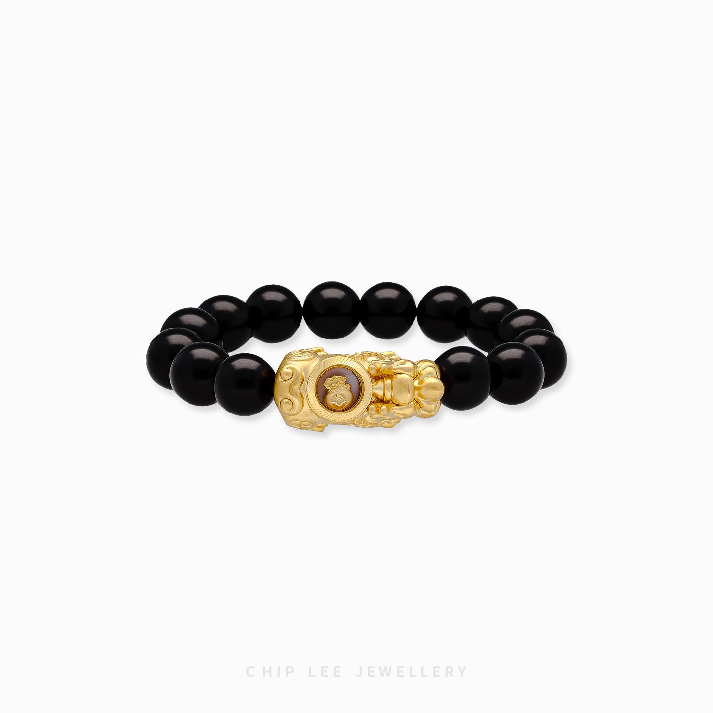 Close-up of 999 Pure Gold Black Agate Pixiu Bracelet with black agate beads and gold Pixiu charm on display.