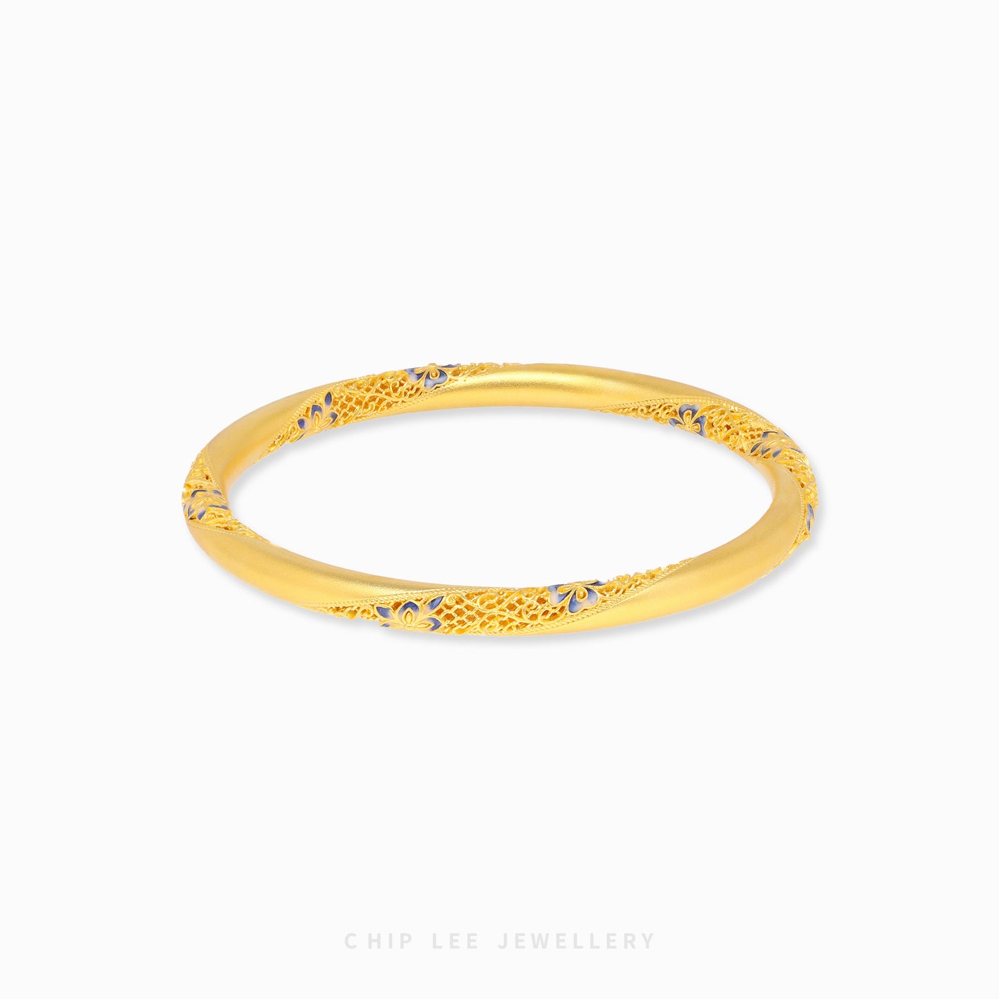 999 Pure Gold Blue Serenity Flora Gu Fa Jin Bangle, crafted using ancient goldsmithing techniques.
