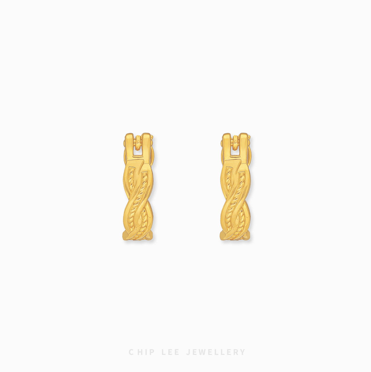 Chip Lee Jewellery Singapore Braided Hoop Earrings 999 Gold for women. Intricate woven design gold hoops. Modern, textured accessory.