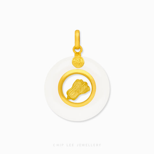 999 pure gold cabbage pendant with spinning He Tian jade, symbolizing wealth, abundance, and traditional elegance in a finely crafted jewellery piece.