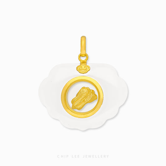 999 Gold Cloud Spinning Cabbage Pendant with He Tian jade, symbolising prosperity and abundance. Certified for purity by the Singapore Assay Office.