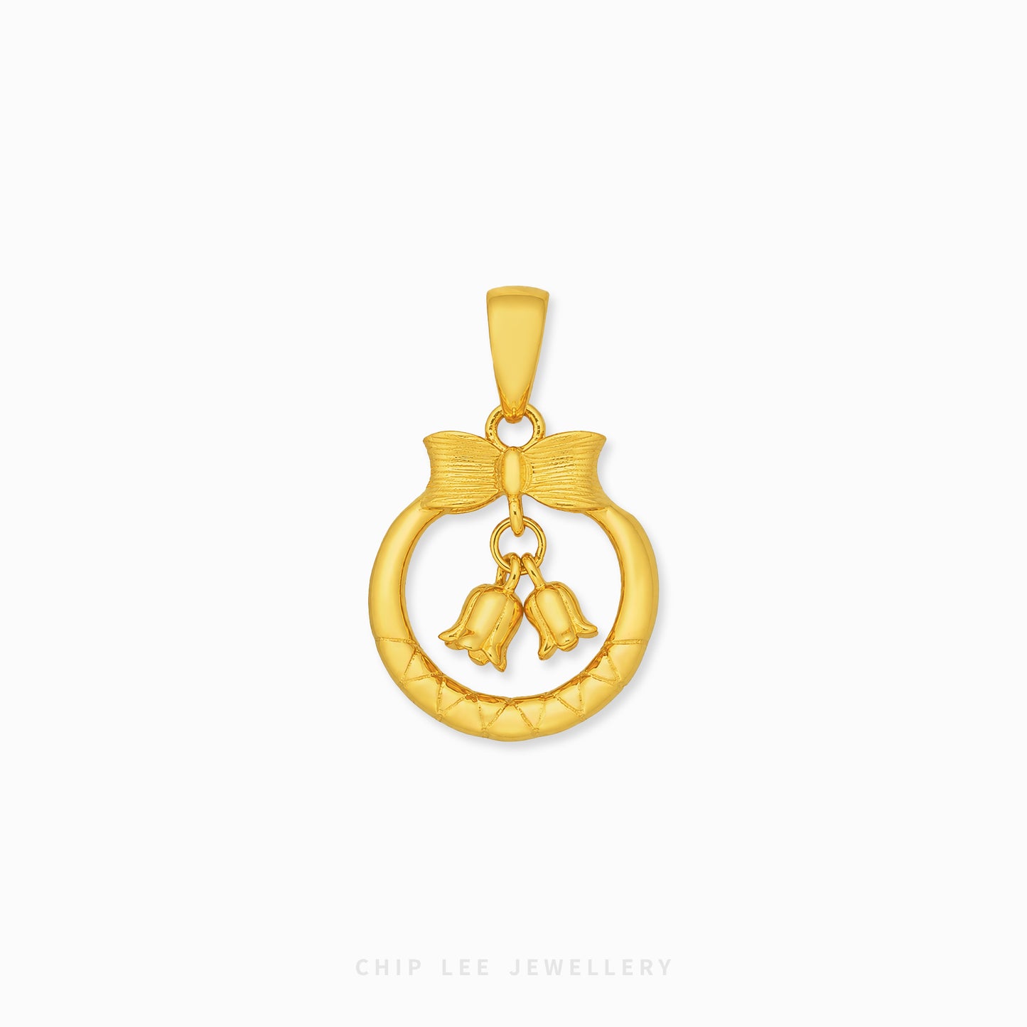A gold pendant featuring a textured circular ring with a bow detail and two dangling bells, shown on a clean white background with the brand name 'CHIP LEE JEWELLERY' at the bottom.