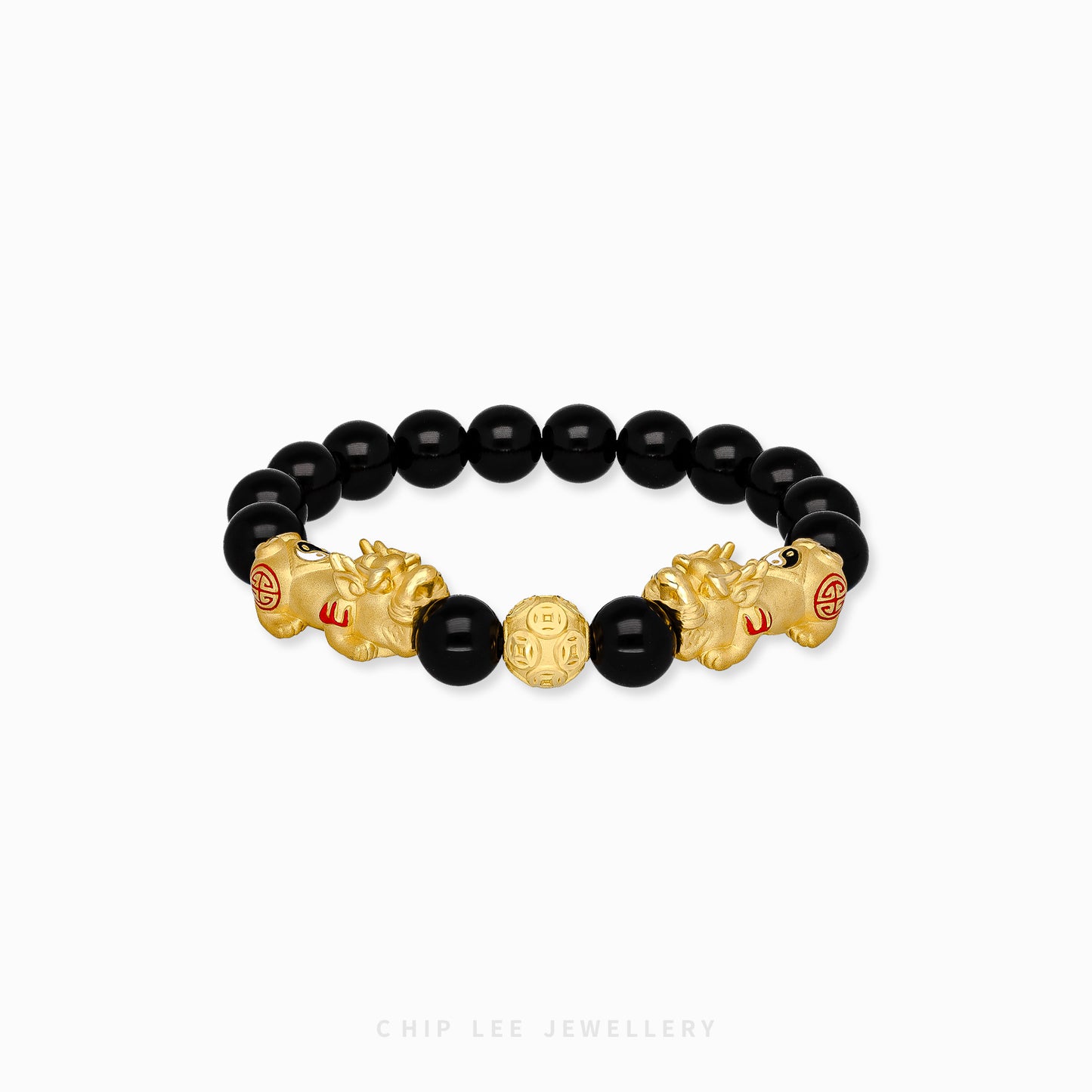 Close-up of 999 Pure Gold Duo Yin Yang Black Agate Pixiu Bracelet with black agate beads and dual Pixiu charms on display.