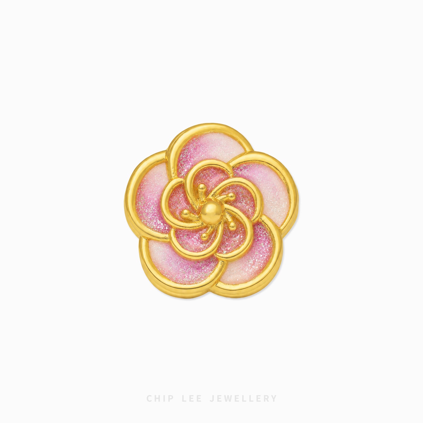 A gold flower-shaped brooch with pink glittery enamel petals, shown on a plain white background with the brand name 'CHIP LEE JEWELLERY' printed at the bottom.