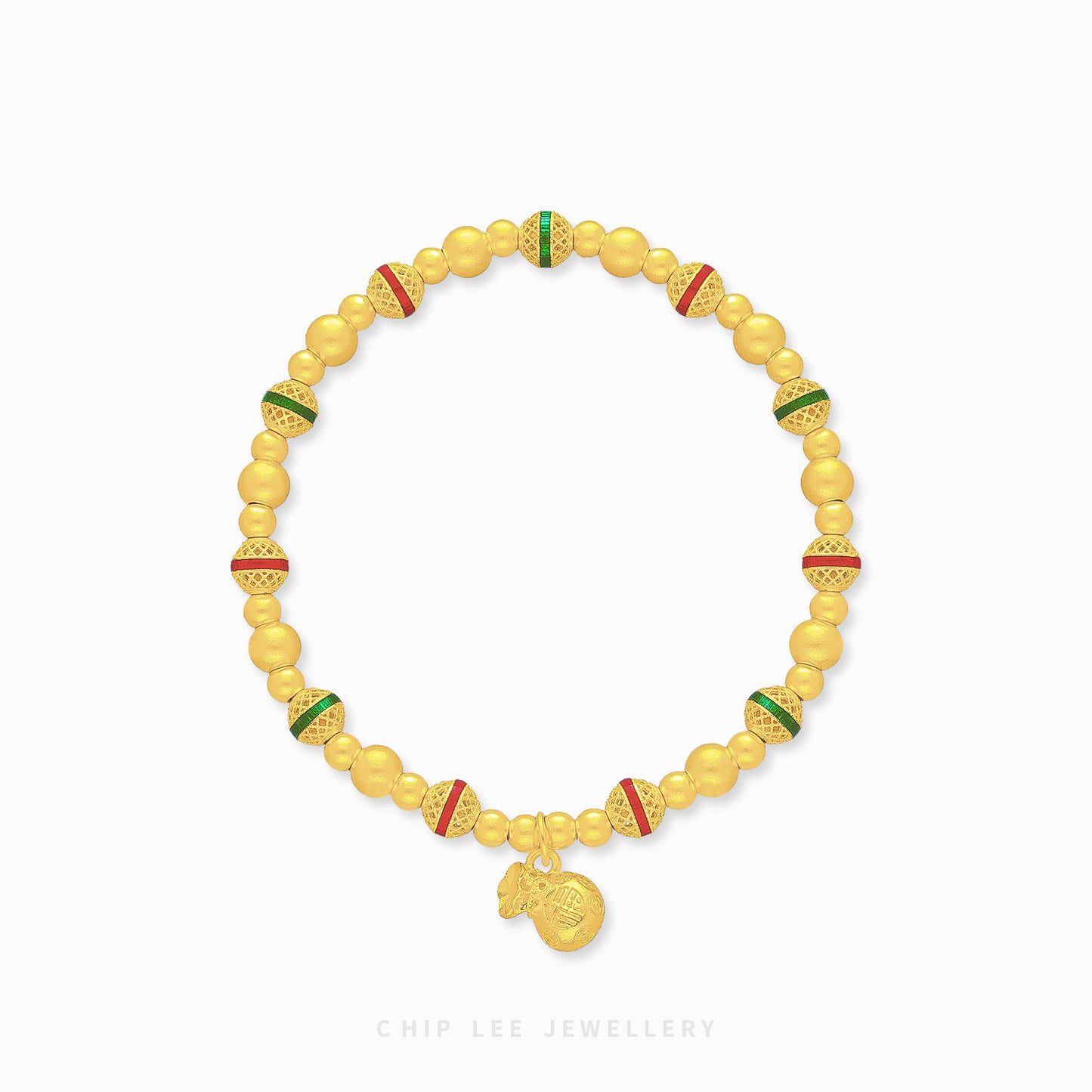 999 Pure Gold Fortune Bag Gu Fa Jin Bracelet with 福 charm, symbolising luck, growth, and prosperity.