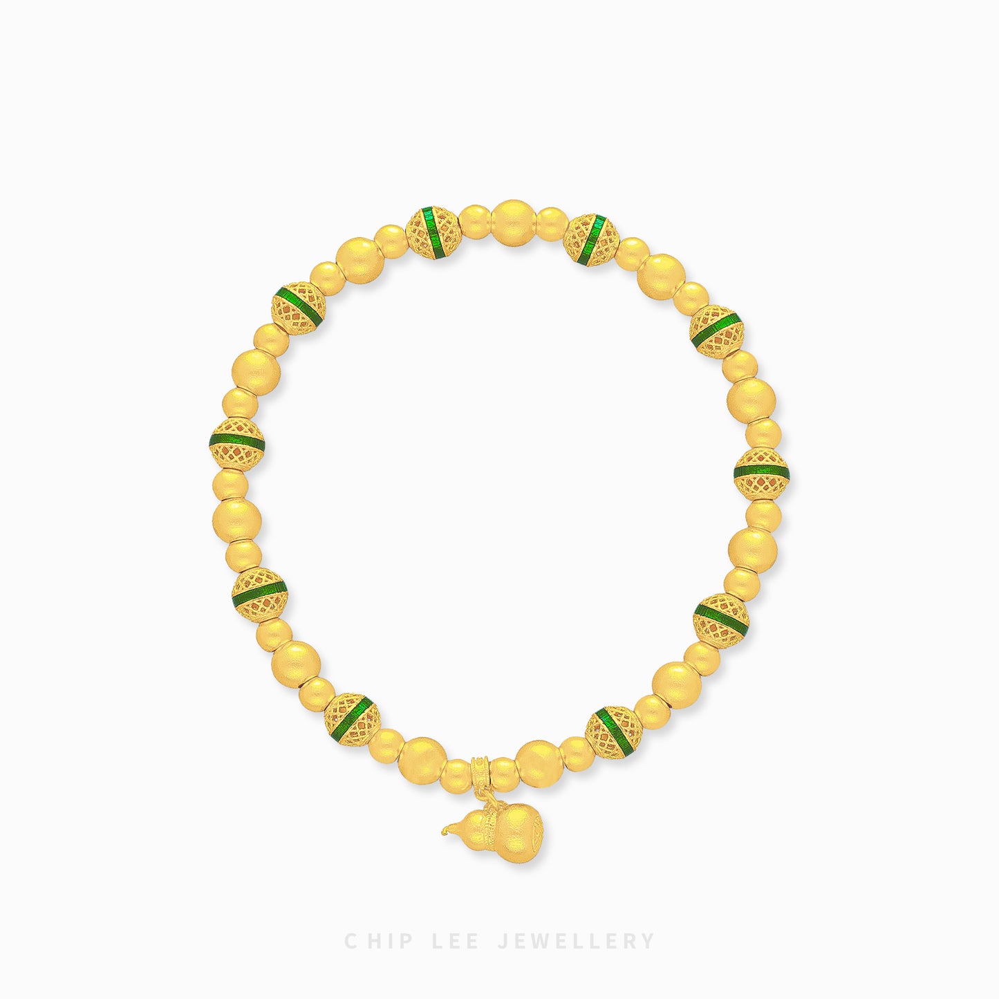 999 Pure Gold Fortune Gourd Gu Fa Jin Bracelet with symbolic gourd charm and green accents, crafted with ancient goldsmithing techniques.