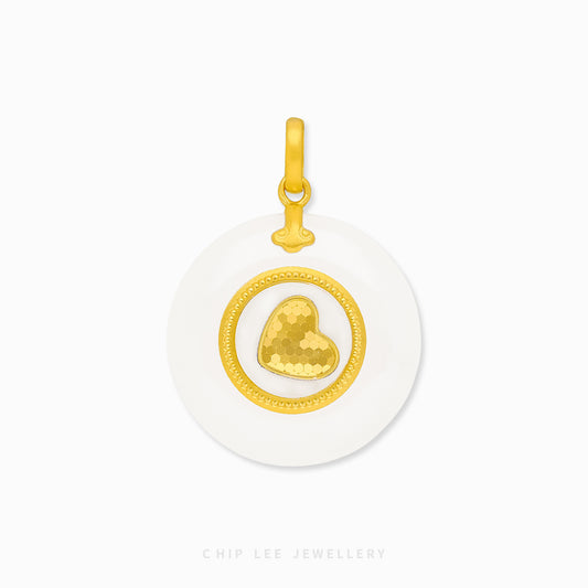 999 pure gold heart pendant with spinning He Tian jade, symbolizing love, harmony, and protection with elegant traditional craftsmanship.