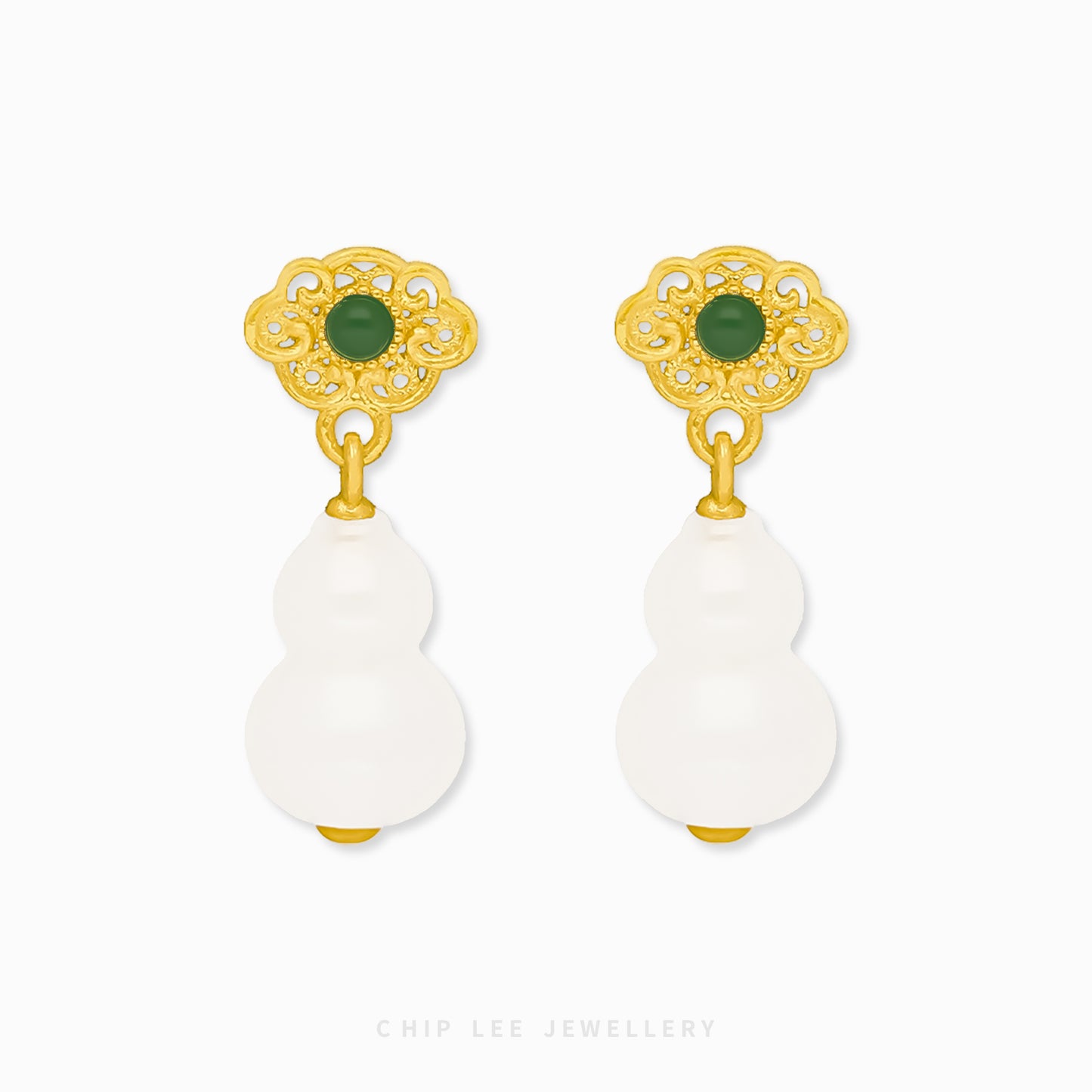 999 pure gold Hu Lu gourd dangling earring with He Tian jade, symbolizing health, protection, and elegant tradition in a graceful jewellery design.