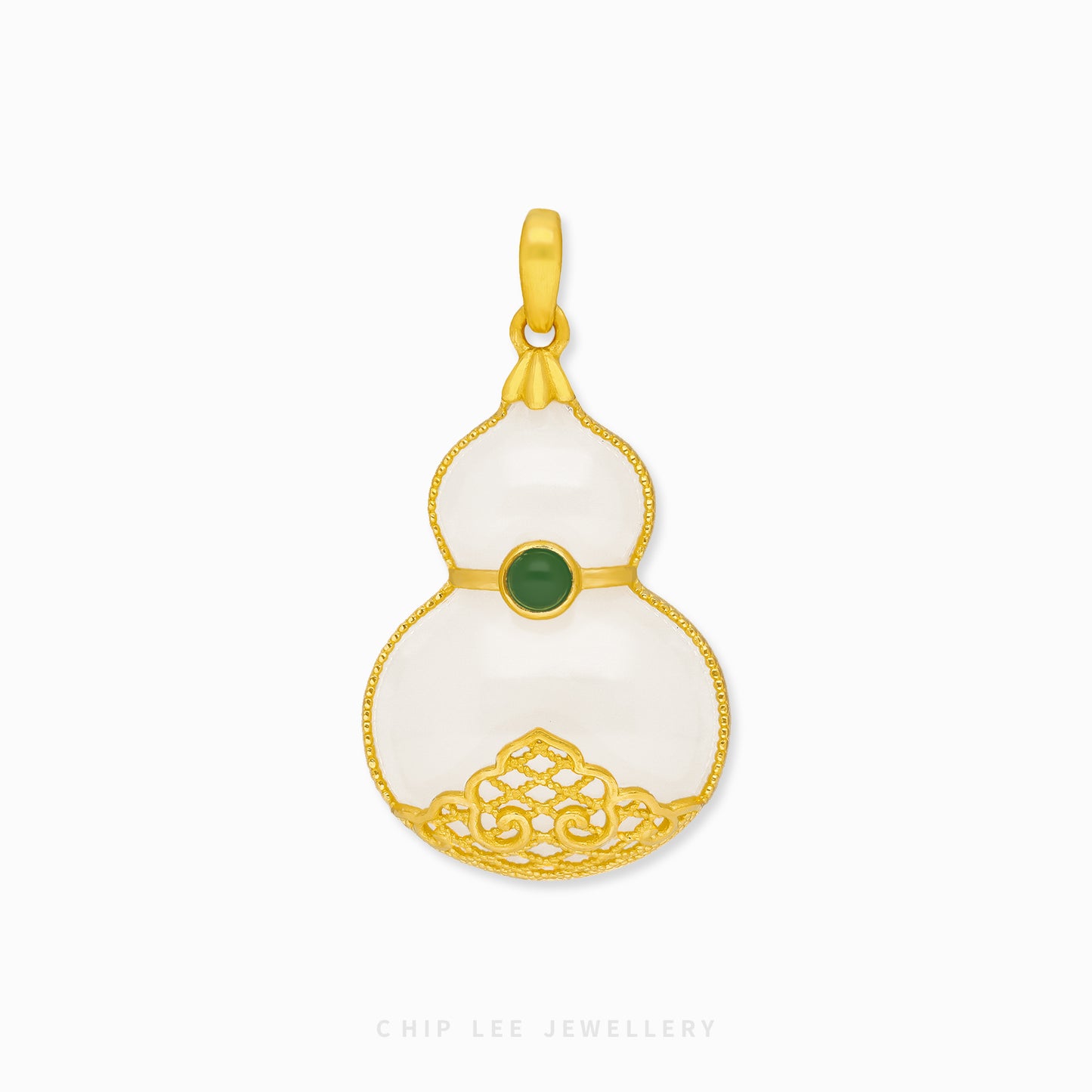 999 pure gold Hu Lu (gourd) pendant with He Tian jade, symbolizing health and protection in a finely crafted traditional jewellery design.