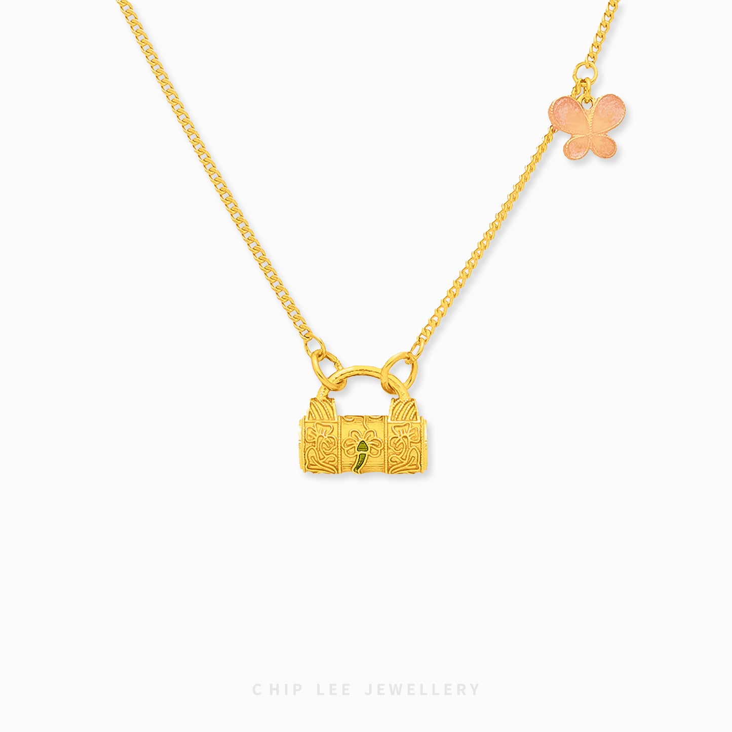 A 999 pure gold necklace with a lock and butterfly charm on a white background.