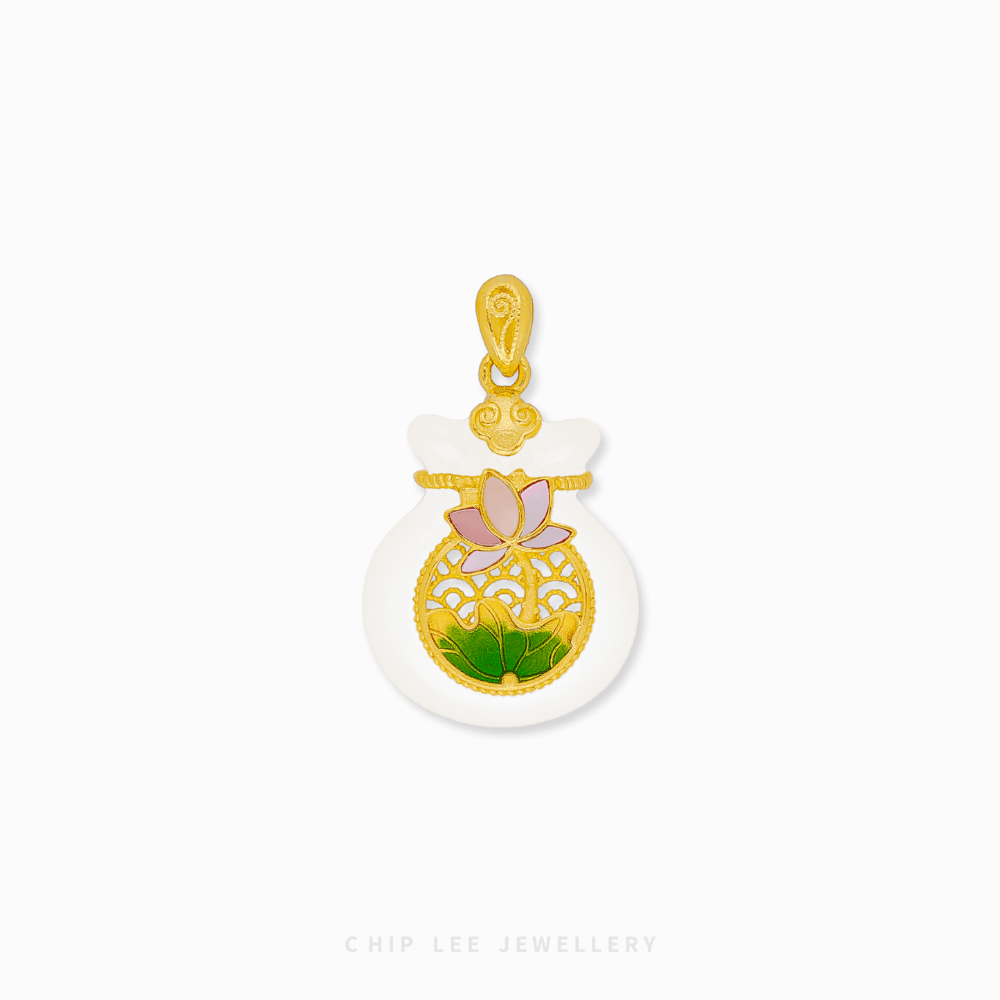 999 Pure Gold Money Bag Pendant with a lotus motif and smooth He Tian Jade inlay, featuring a matte Gu Fa Jin gold finish.
