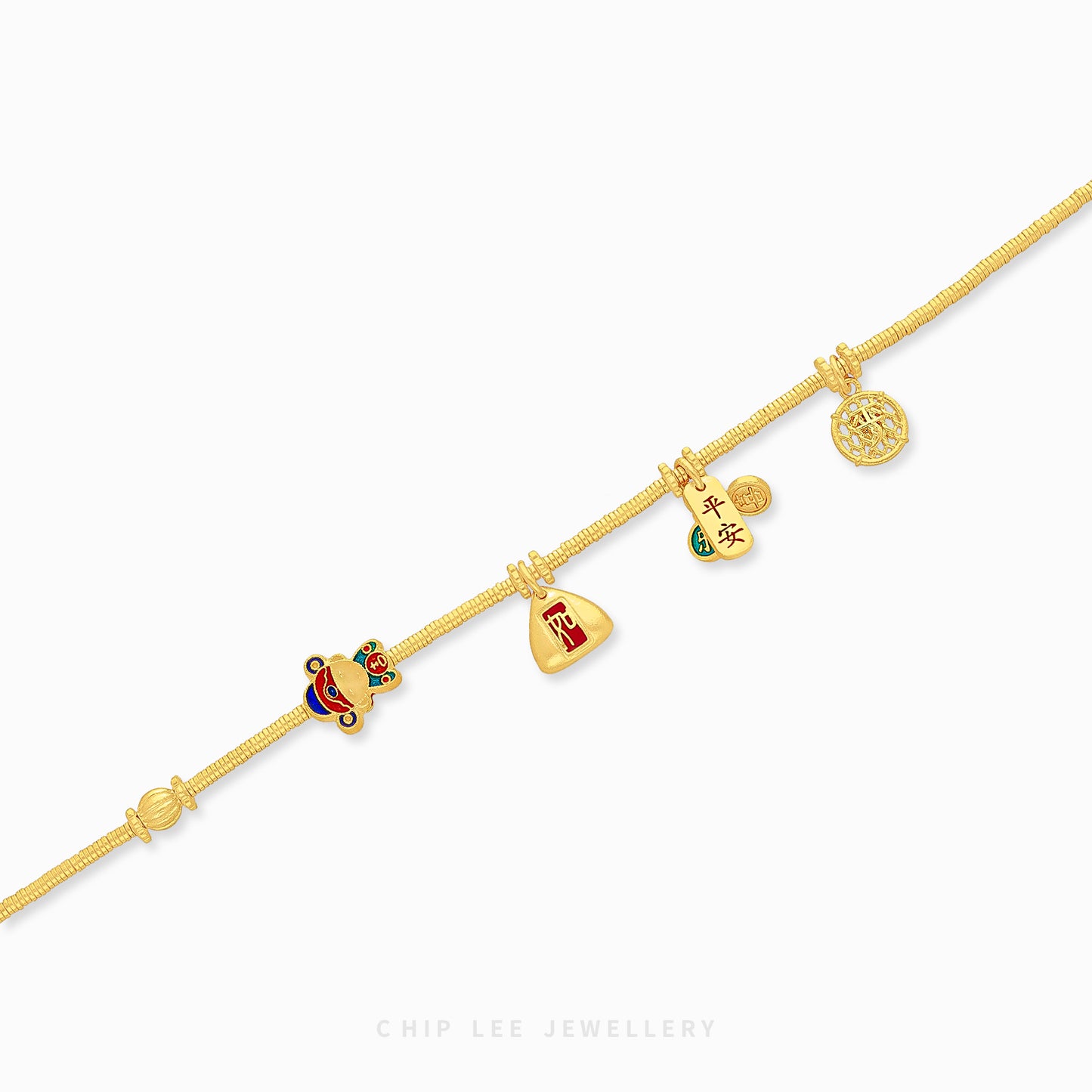 999 Pure Gold Peace and Joy Charm Gu Fa Jin Bracelet , featuring symbolic blessings, crafted with ancient techniques.
