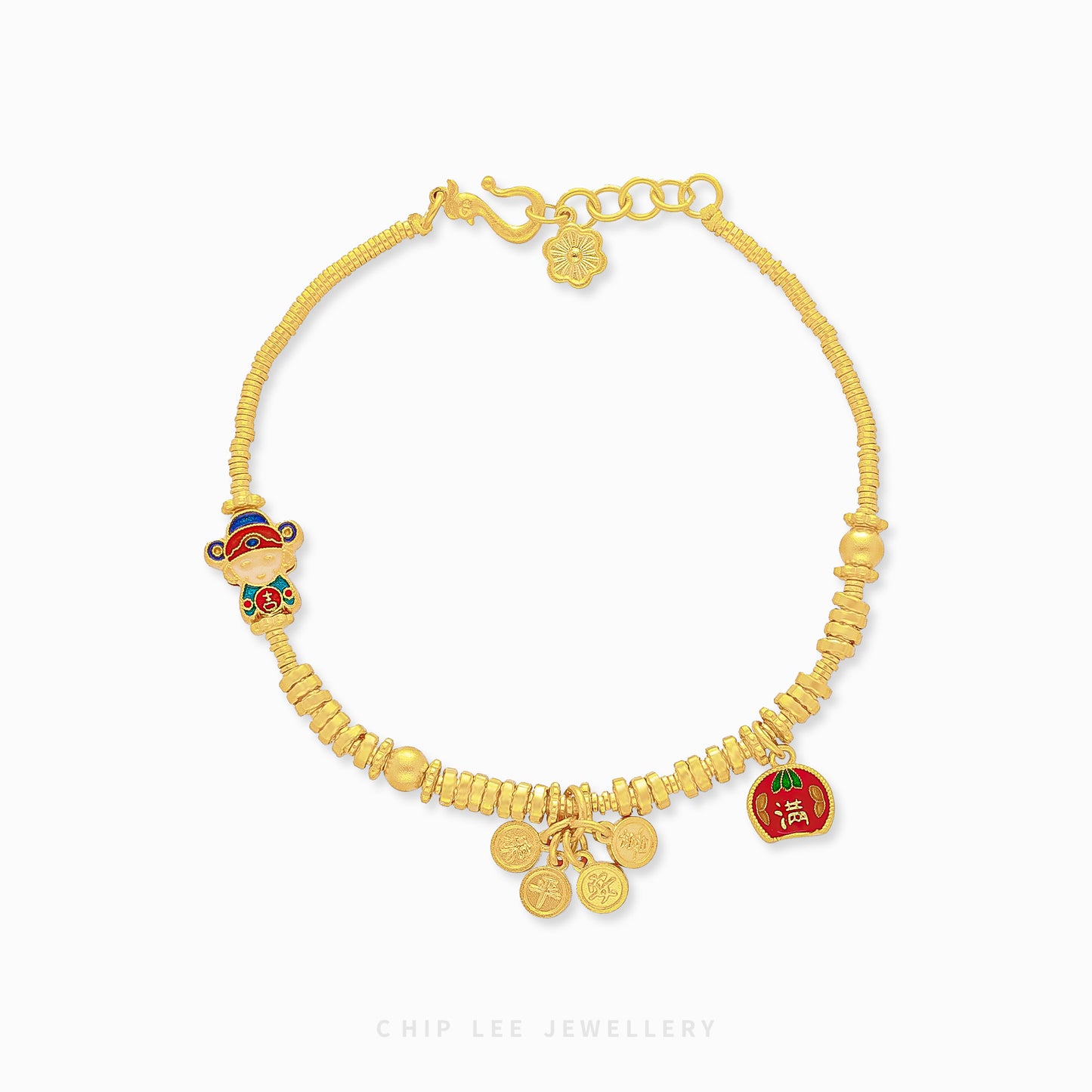 999 Pure Gold Peace and Joy Charm Gu Fa Jin Bracelet , featuring symbolic blessings, crafted with ancient techniques.