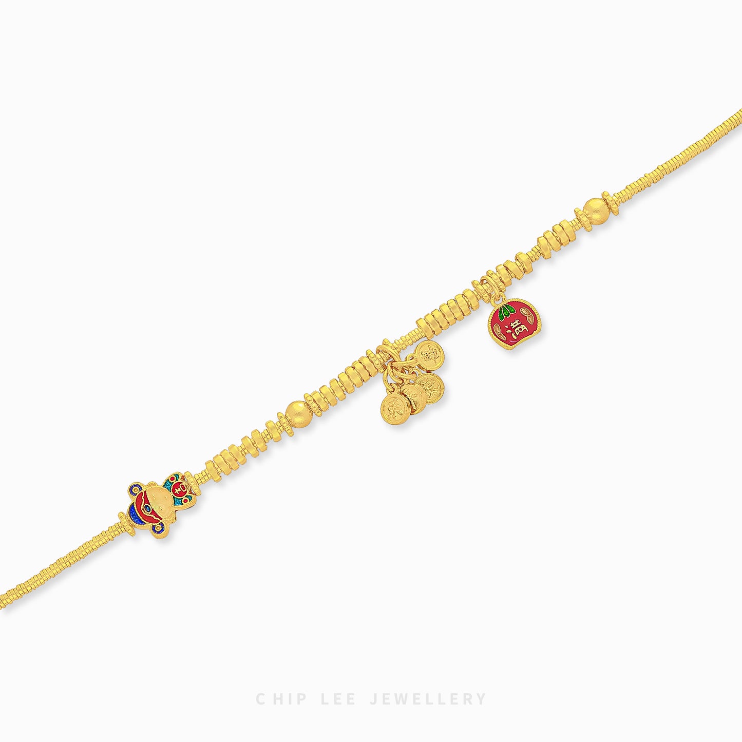 999 Pure Gold Peace and Joy Charm Gu Fa Jin Bracelet , featuring symbolic blessings, crafted with ancient techniques.