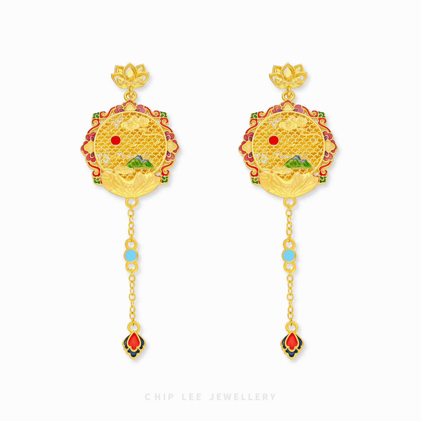 999 Pure Gold Prosperous Peaks Gu Fa Jin Earrings featuring traditional Chinese designs and and ancient craftsmanship.