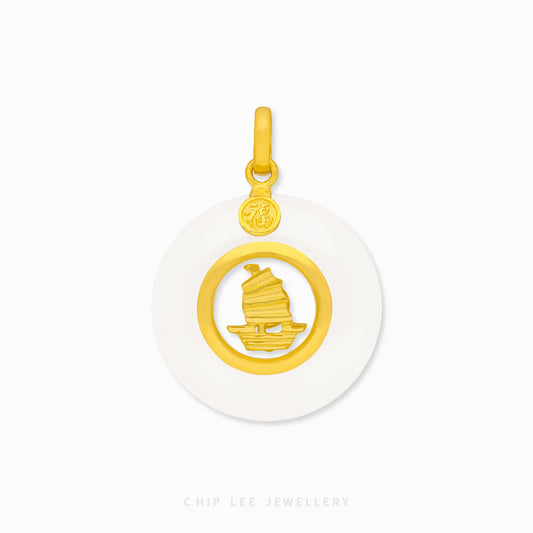 999 pure gold sailing boat pendant with spinning He Tian jade, symbolizing fortune and smooth journeys, luxury craftsmanship accessory.