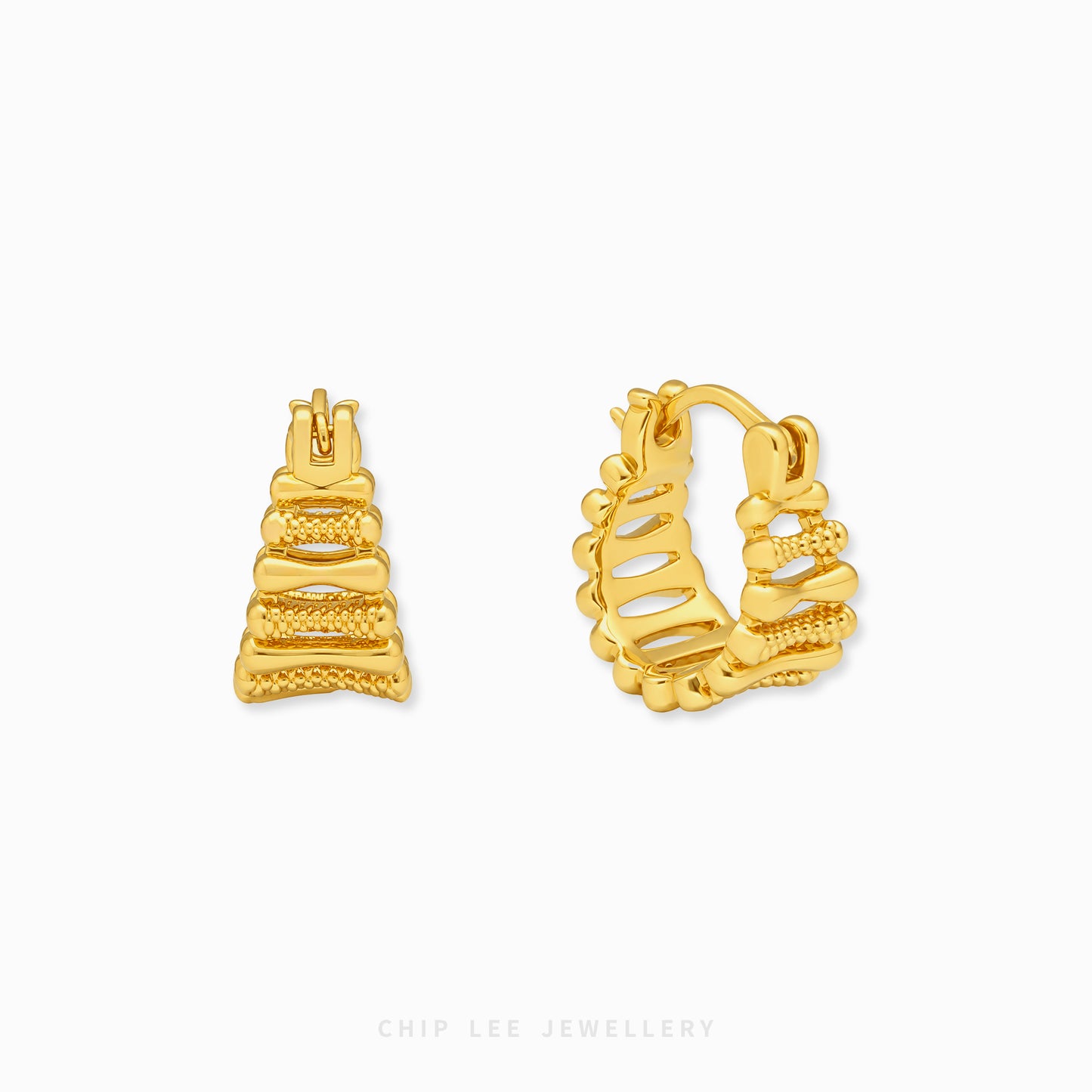 A pair of gold hoop earrings with a textured, layered chevron or mountain-like design, shown from both front and side angles on a light gray background. The brand name 'CHIP LEE JEWELLERY' is printed in small letters at the bottom.