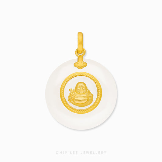 999 pure gold Buddha pendant with spinning He Tian jade, symbolizing peace, protection, and wisdom in an intricately crafted spiritual jewellery piece.