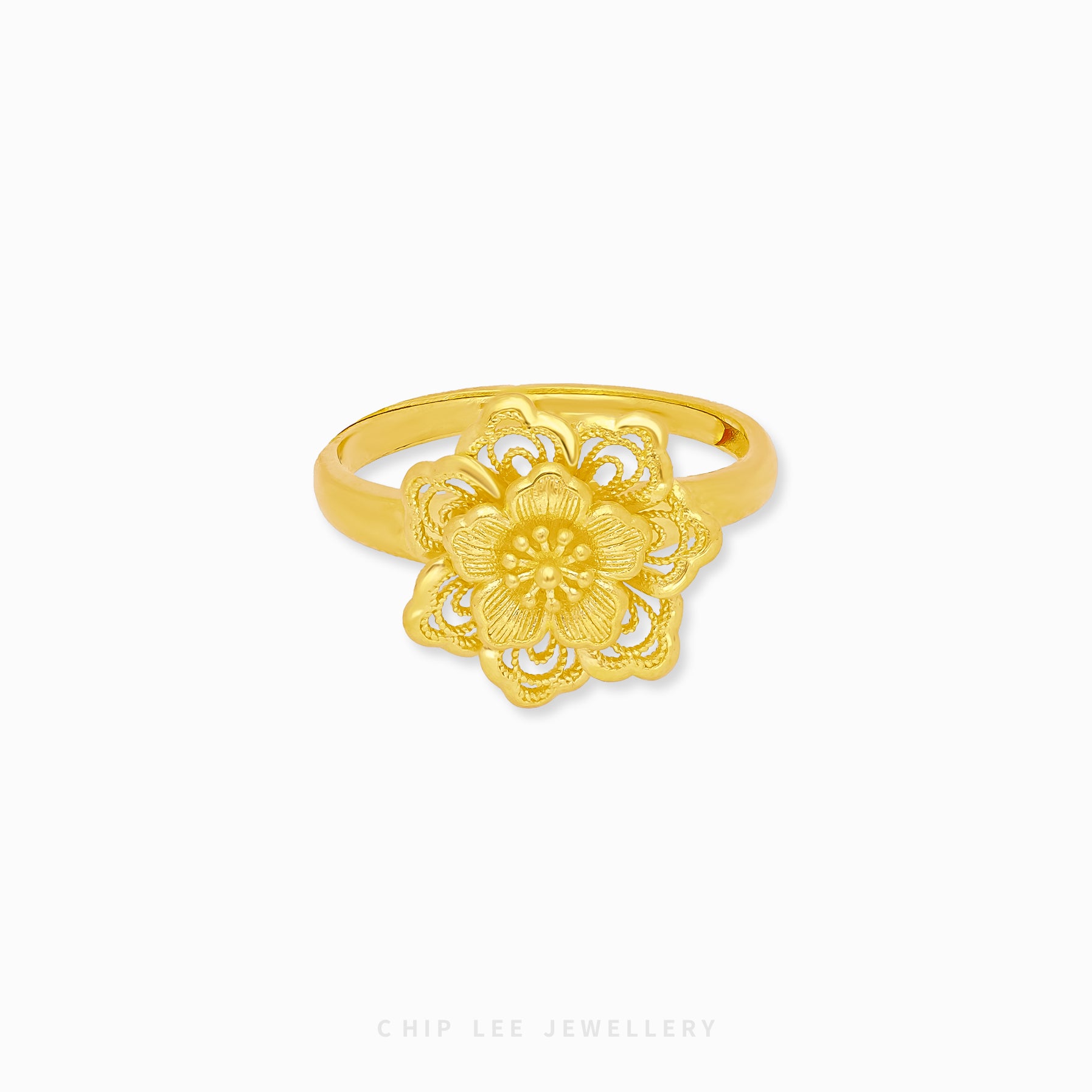 999 Pure Gold Traditional Floral Ring with detailed floral motifs in solid gold, symbolising elegance and heritage in classic jewellery design.