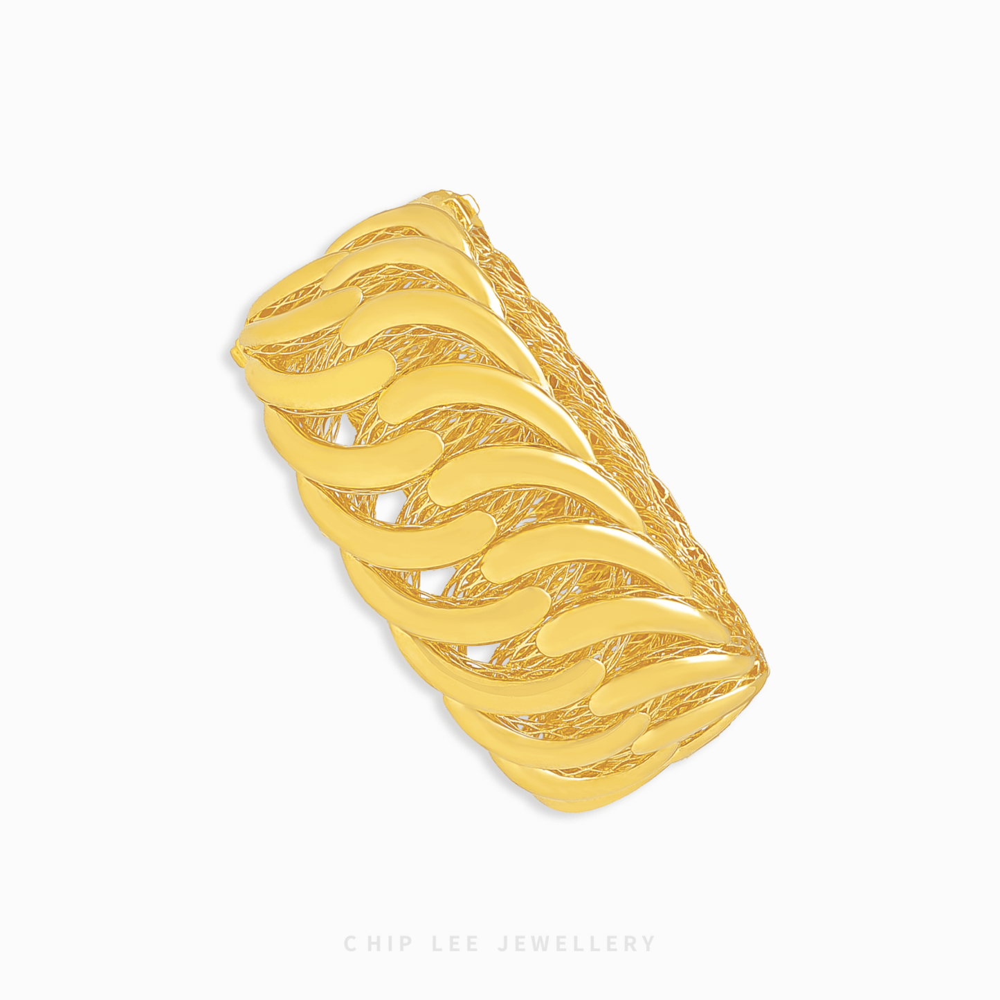 Gold bangle with wavy design on a white background
