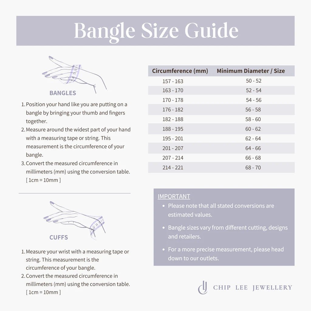 Bangle size chart for Chip Lee Jewellery 999/916 gold bangles, helping customers choose the perfect fit for certified solid gold items.