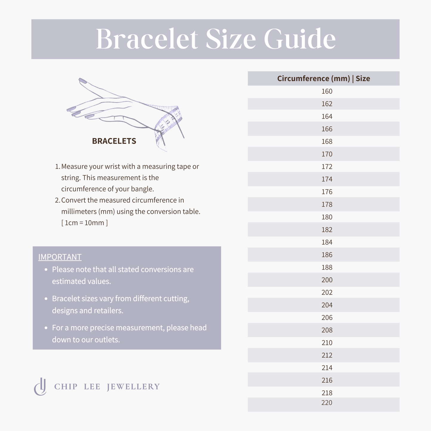 Bracelet size chart for Chip Lee Jewellery 916 gold bracelets, helping customers find the perfect fit for certified solid gold items.