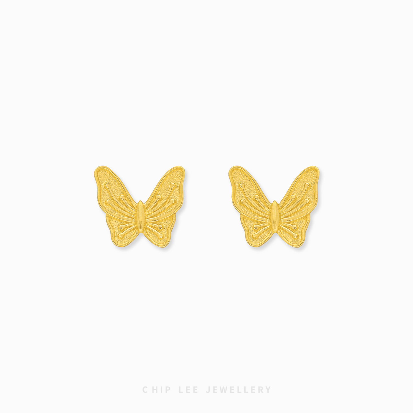Chip Lee Jewellery Singapore Butterfly Stud Earrings 916 Gold. Delicate, nature-inspired gold studs for women. Symbol of hope and joy.