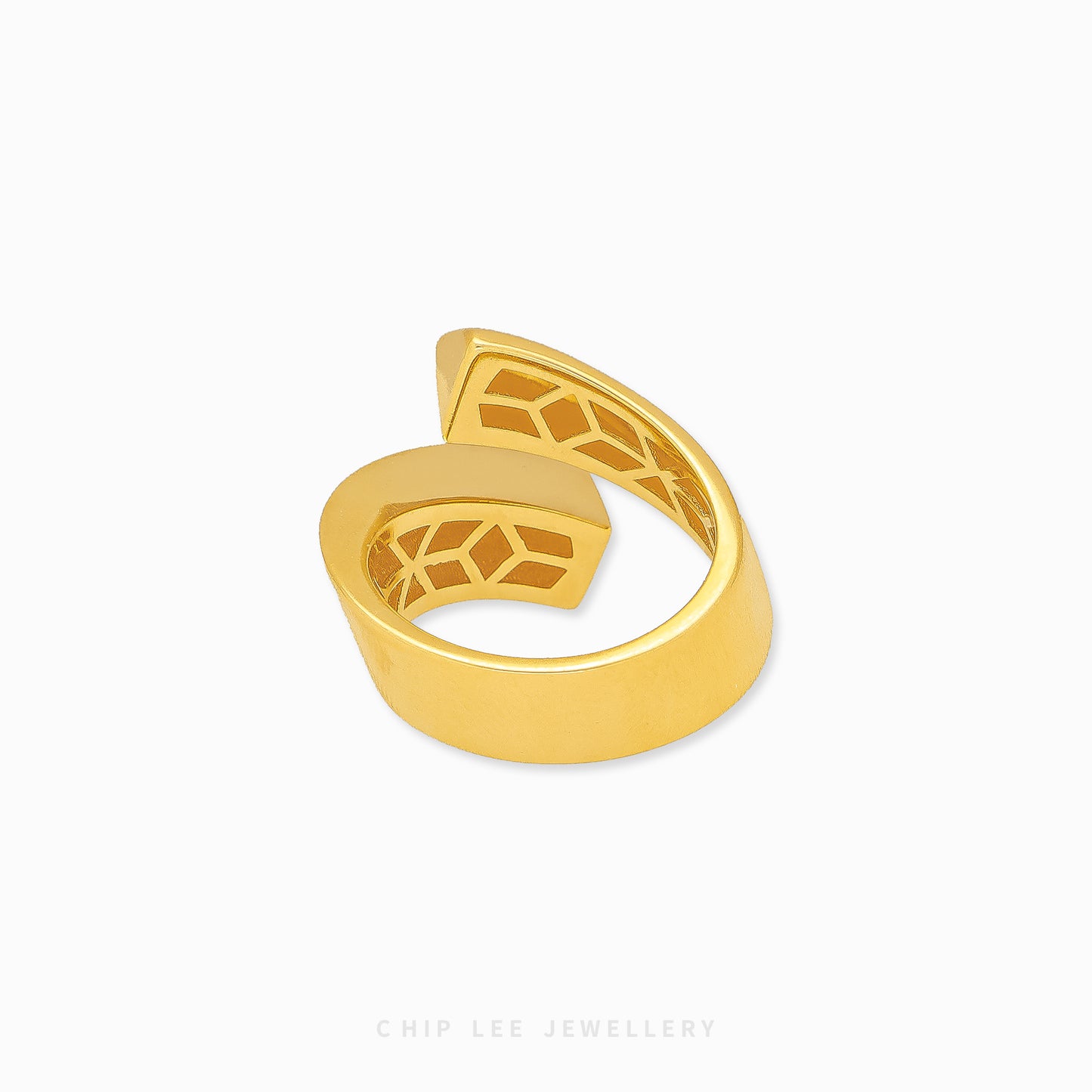 Chunky 916 gold open bypass ring with bold, sculptural design, certified by Singapore Assay Office for purity and authenticity.