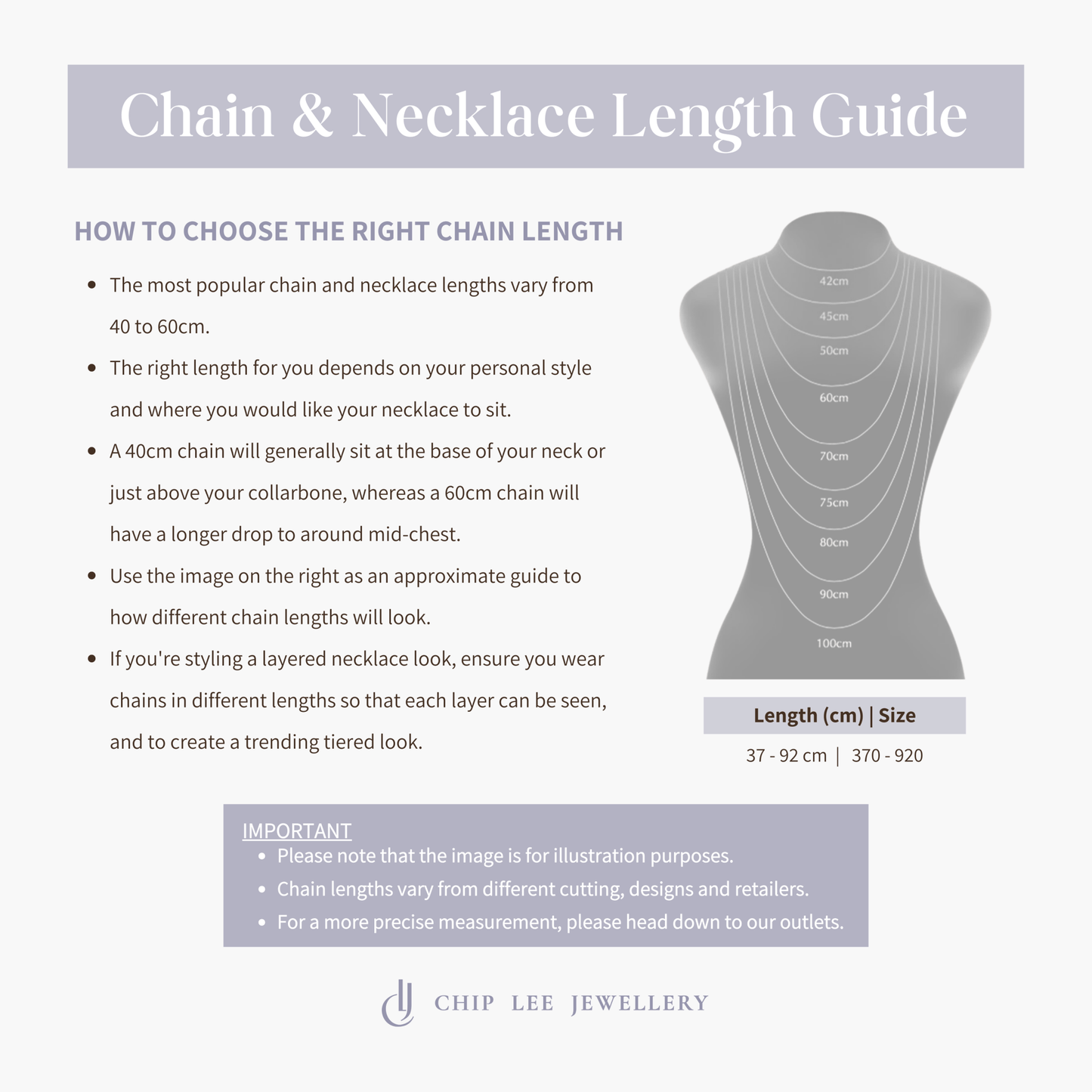 Necklace size chart for Chip Lee Jewellery 916 gold necklaces, guiding customers to select the ideal length for certified solid gold items.