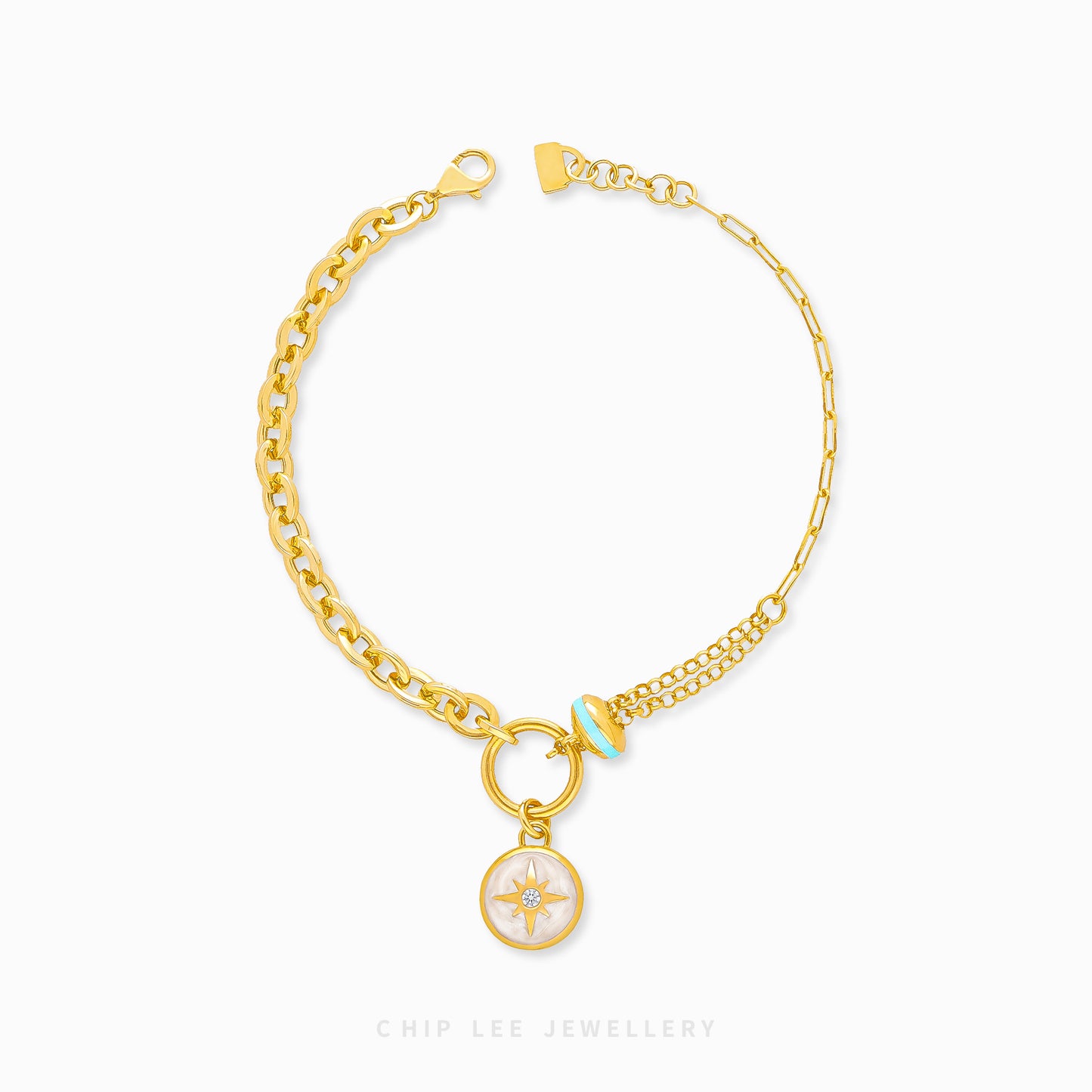 Celestial Compass Bracelet in solid 916 gold, featuring a compass charm, hallmarked for certified purity and everyday elegance.