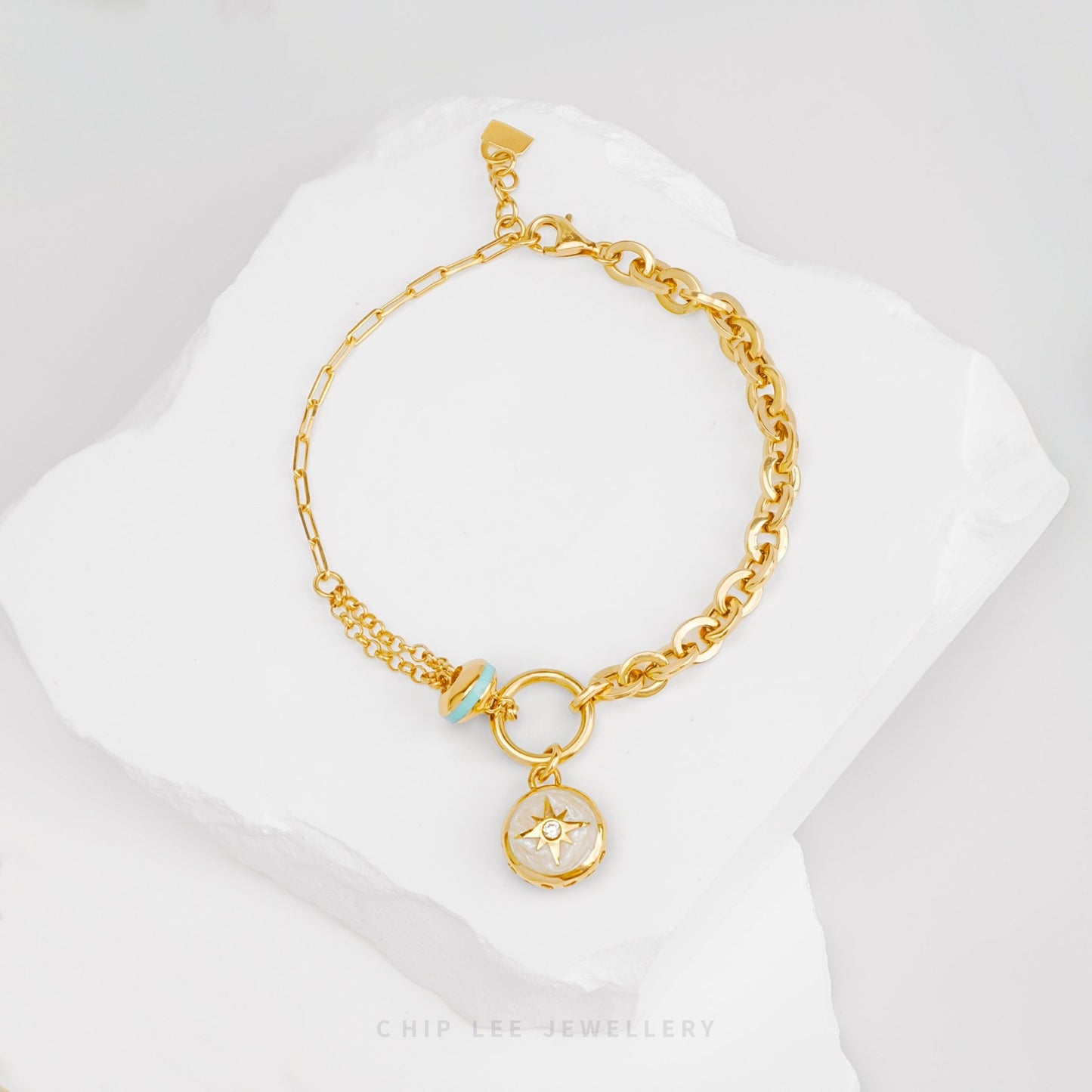 Celestial Compass Bracelet in solid 916 gold, featuring a compass charm, hallmarked for certified purity and everyday elegance.
