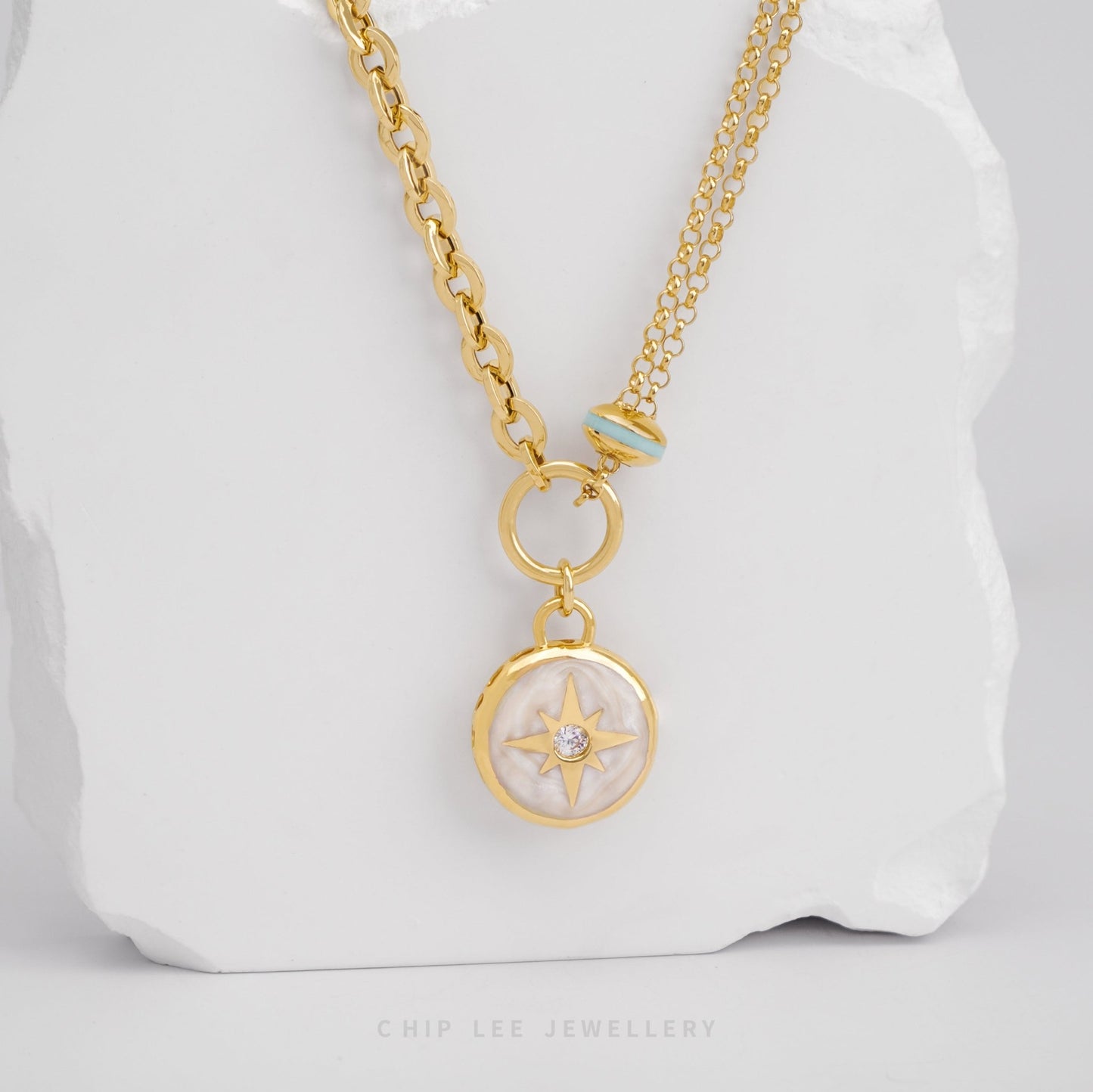 Celestial Compass Necklace in solid 916 gold, featuring a compass charm, hallmarked for certified purity and everyday elegance.