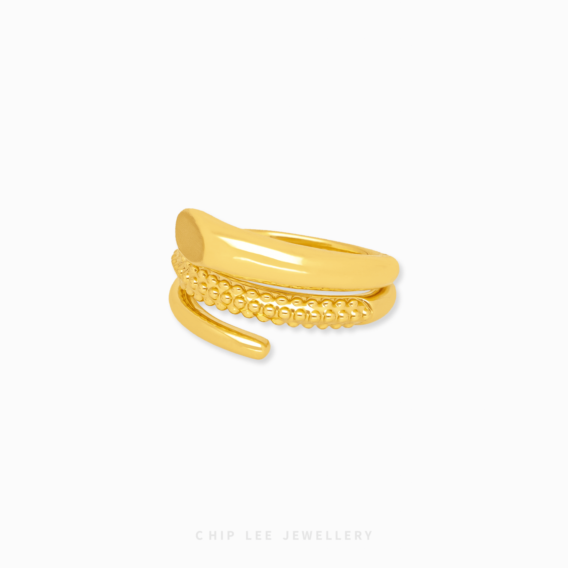 Chunky Coiled Swirl Ring by Chip Lee Jewellery, 999 gold, bold intertwined design, sculptural statement piece.