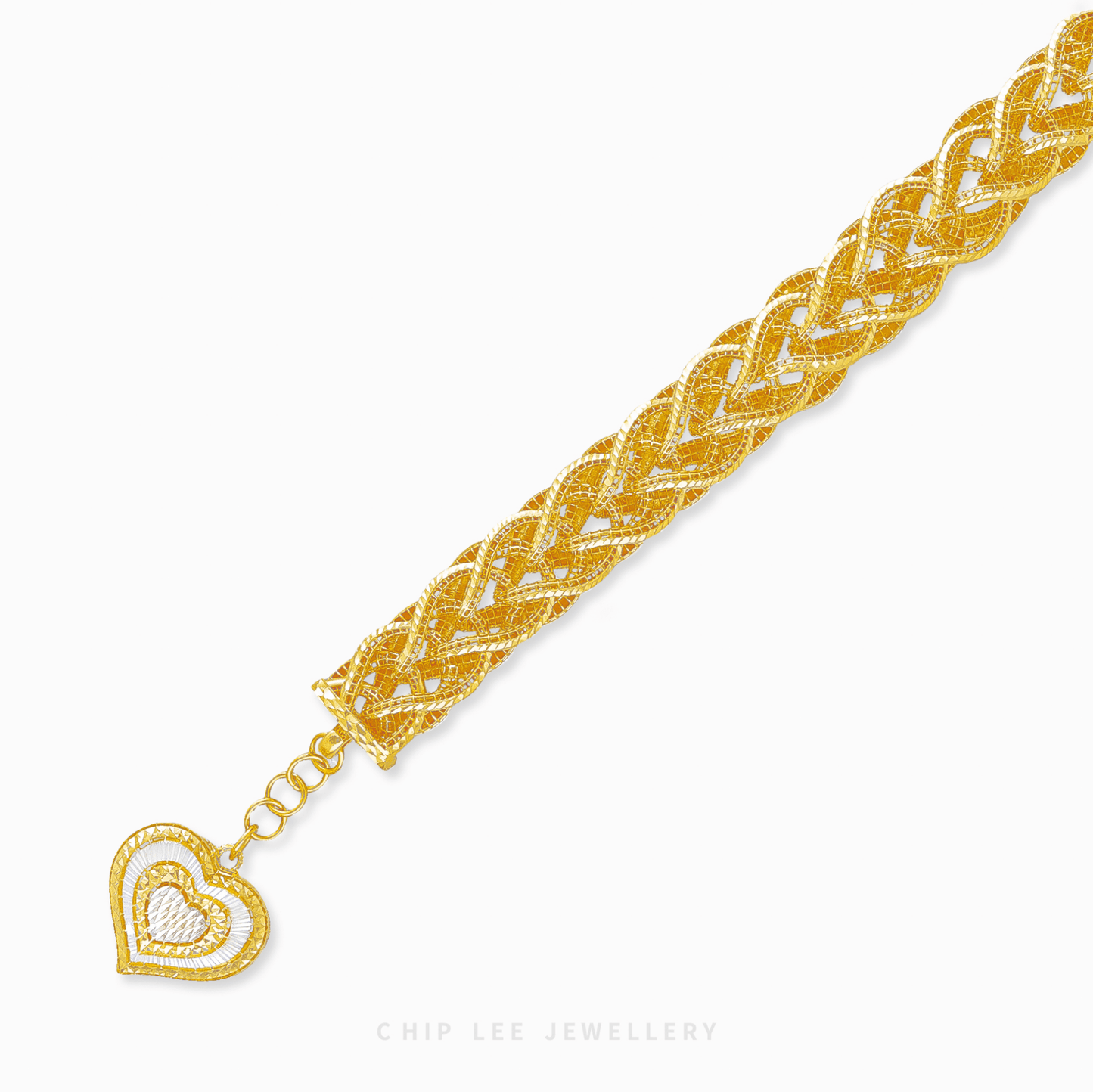 916 gold bracelet for women with intricate braided design and dangling two-tone polished heart pendant. Certified and hallmarked.