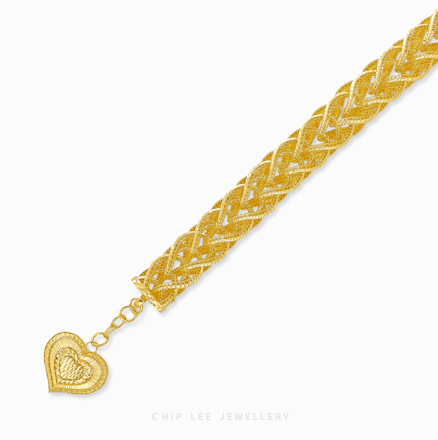 916 gold bracelet for women with intricate braided design and dangling two-tone polished heart pendant. Certified and hallmarked.