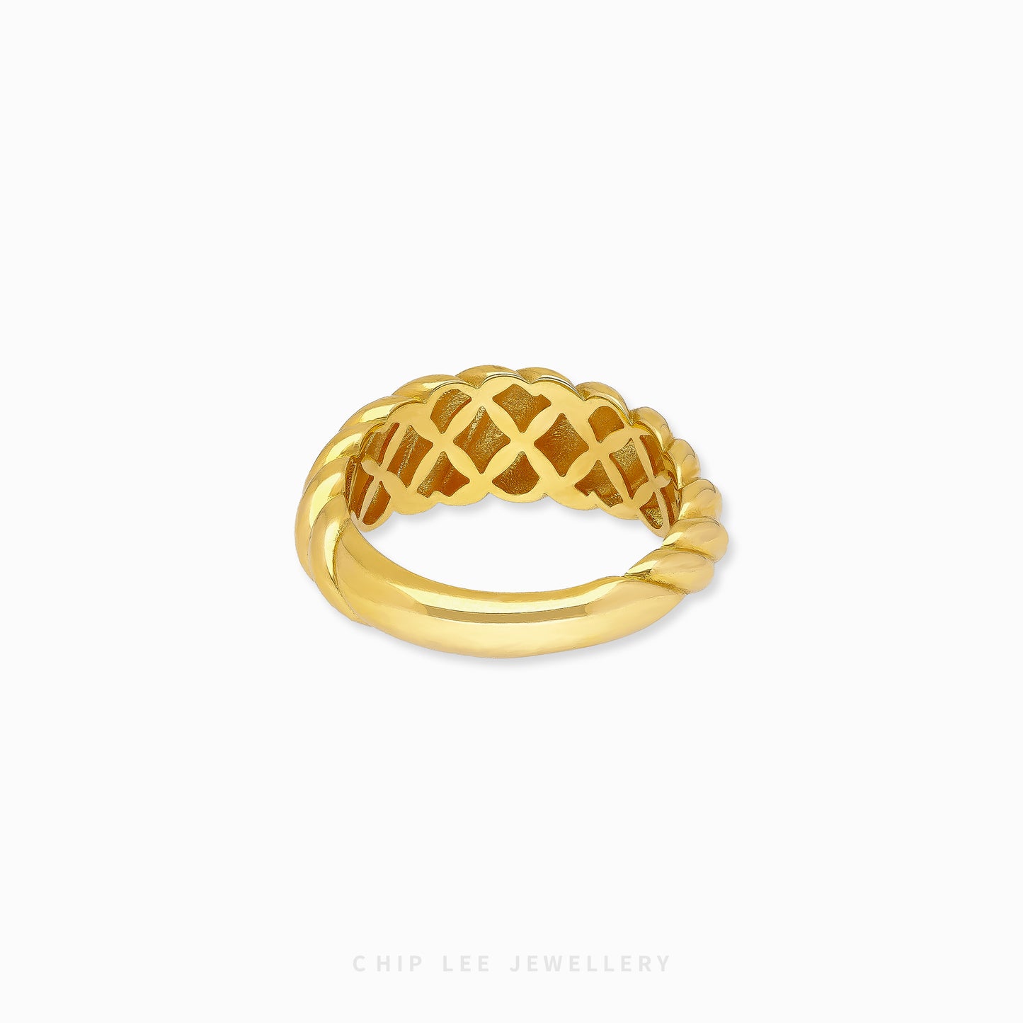 916 gold Croissant Ring with sculptural curves, hallmarked in Singapore for certified purity and authenticity.