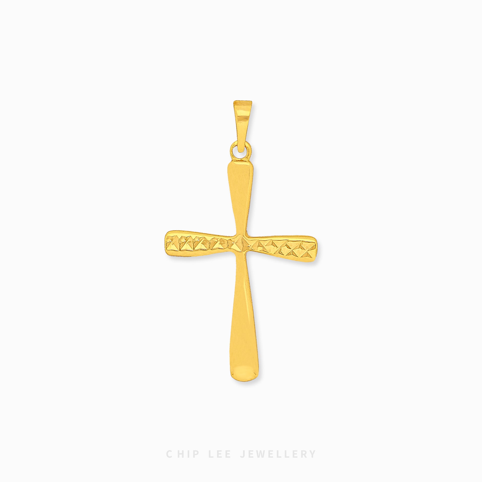 916 gold cross pendant with intricate details and a polish finish. Hallmarked in Singapore for certified purity and authenticity.