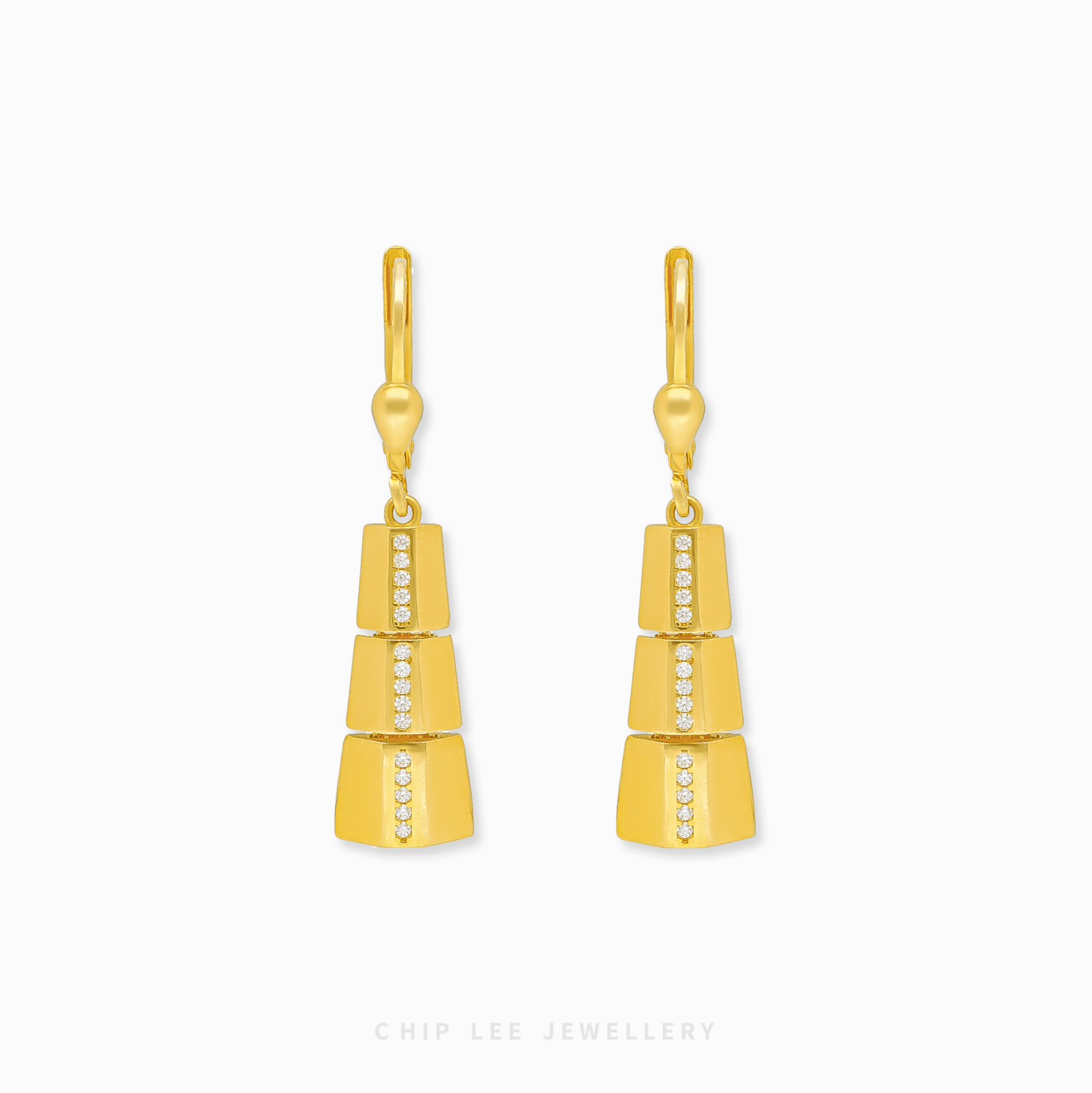Sparkling Cubic Zirconia Tapered Earrings in 916 gold featuring a sleek vertical drop and high-shine finish.