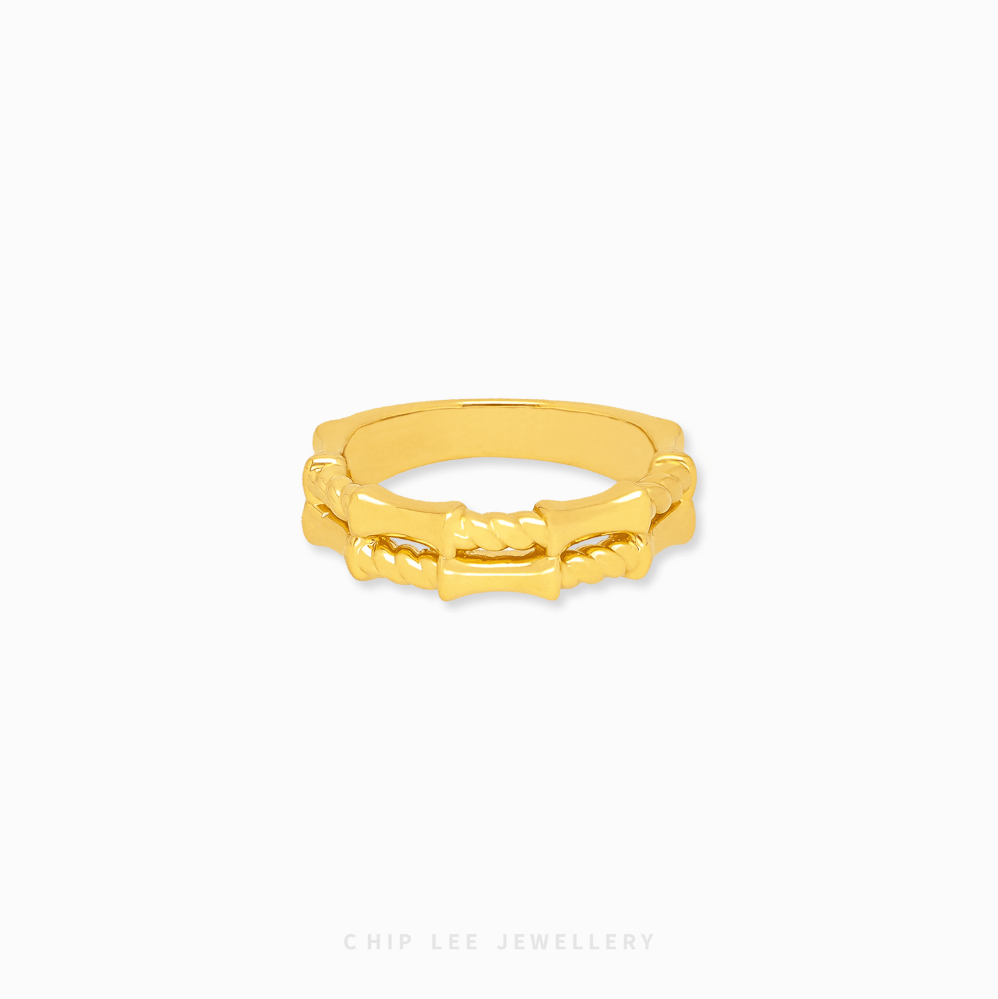 Double Bamboo Ring by Chip Lee Jewellery, 916 gold, bamboo-inspired intertwined design, adding elegance and contemporary style to any outfit.