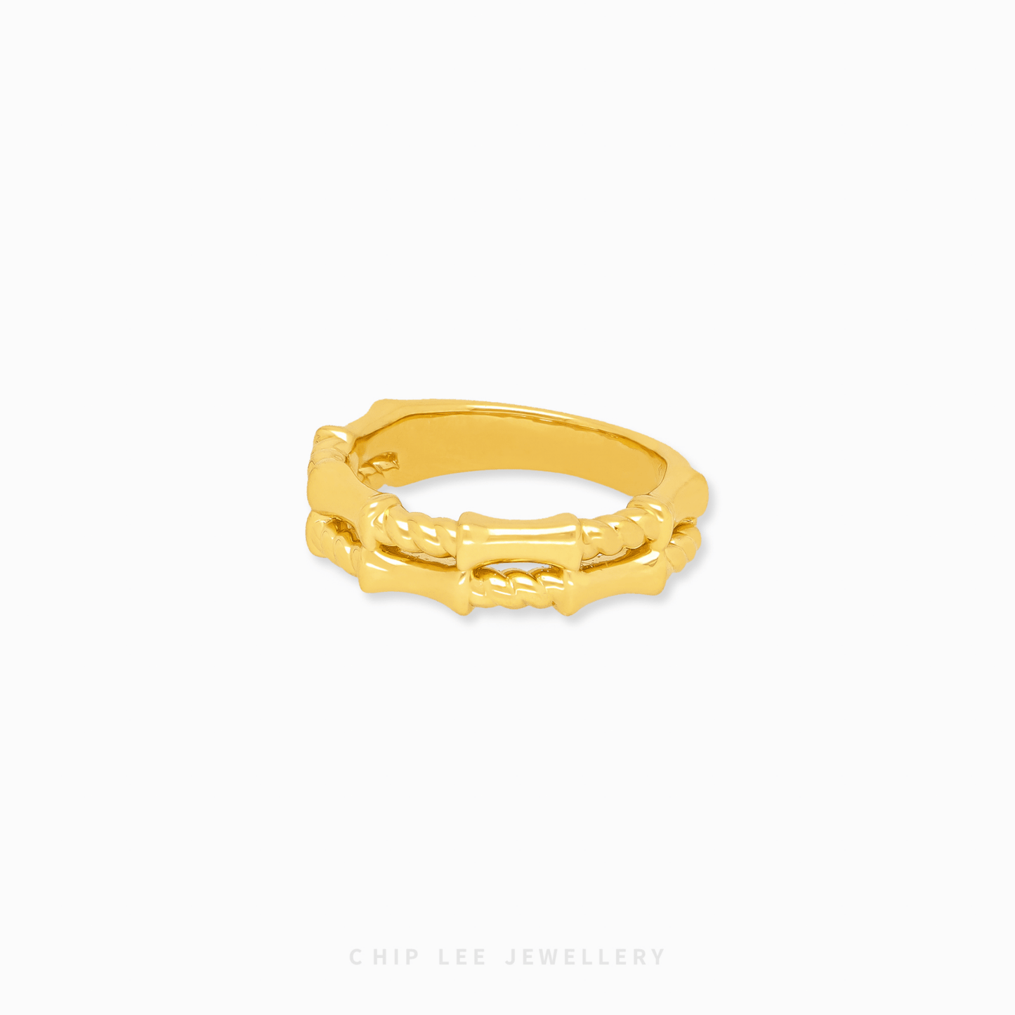 Double Bamboo Ring by Chip Lee Jewellery, 999 gold, bamboo-inspired intertwined design, adding elegance and contemporary style to any outfit.