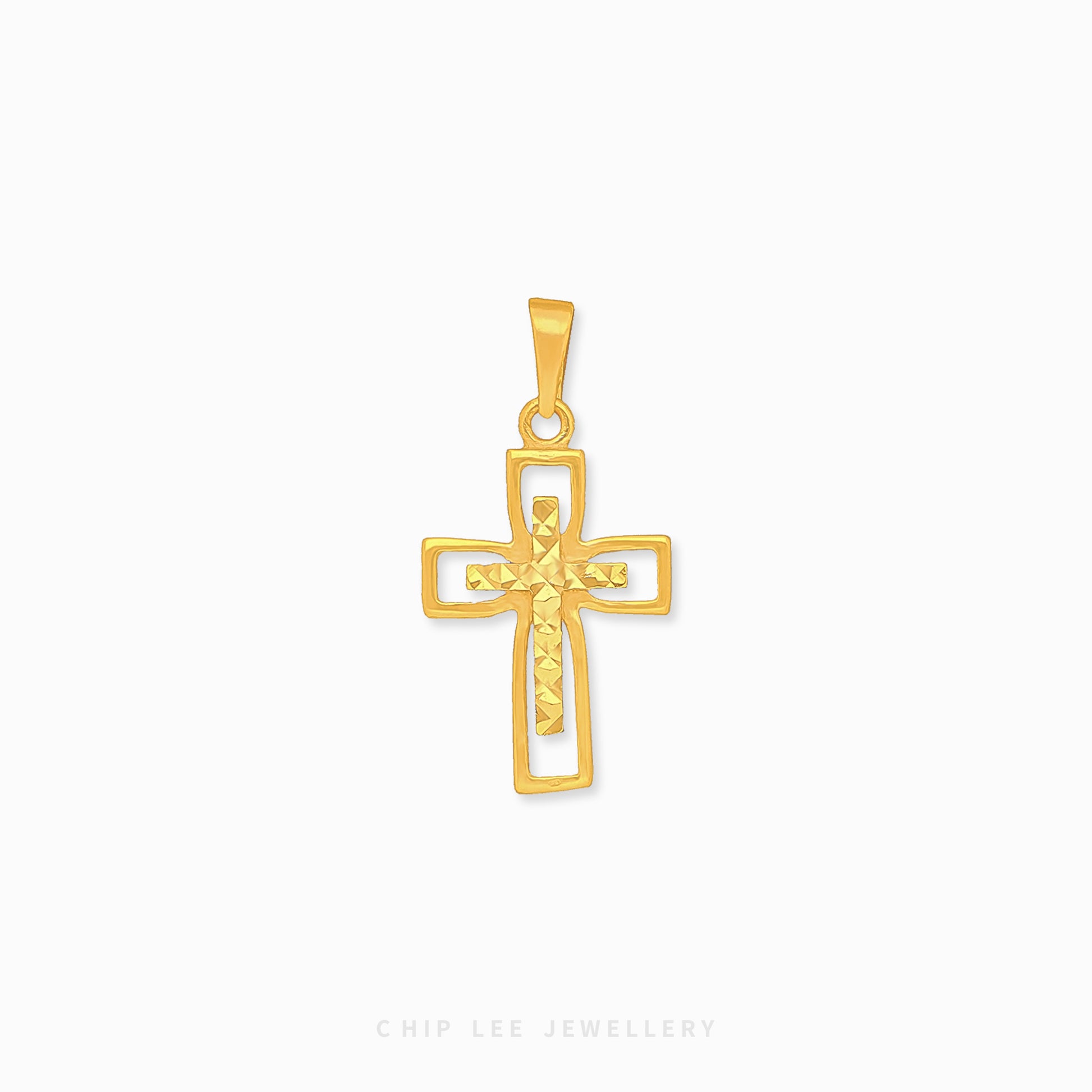 916 gold cross pendant with intricate details and a polish finish. Hallmarked in Singapore for certified purity and authenticity.