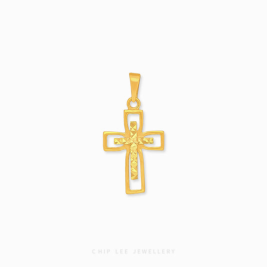 916 gold cross pendant with intricate details and a polish finish. Hallmarked in Singapore for certified purity and authenticity.