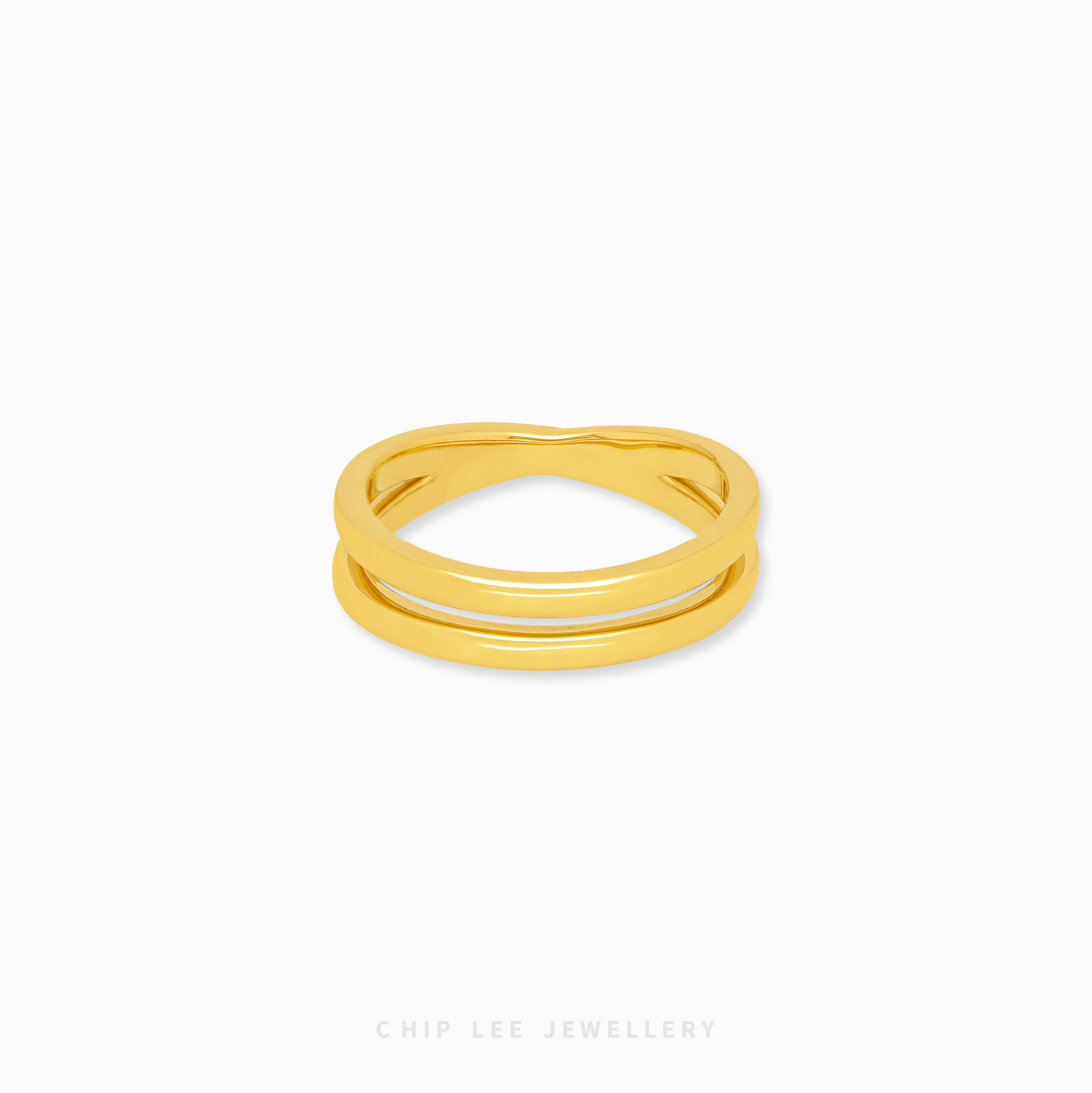 Double Loop Ring by Chip Lee Jewellery, 999 gold, interlocking loops, sleek minimalist design, adding elegance to any outfit.